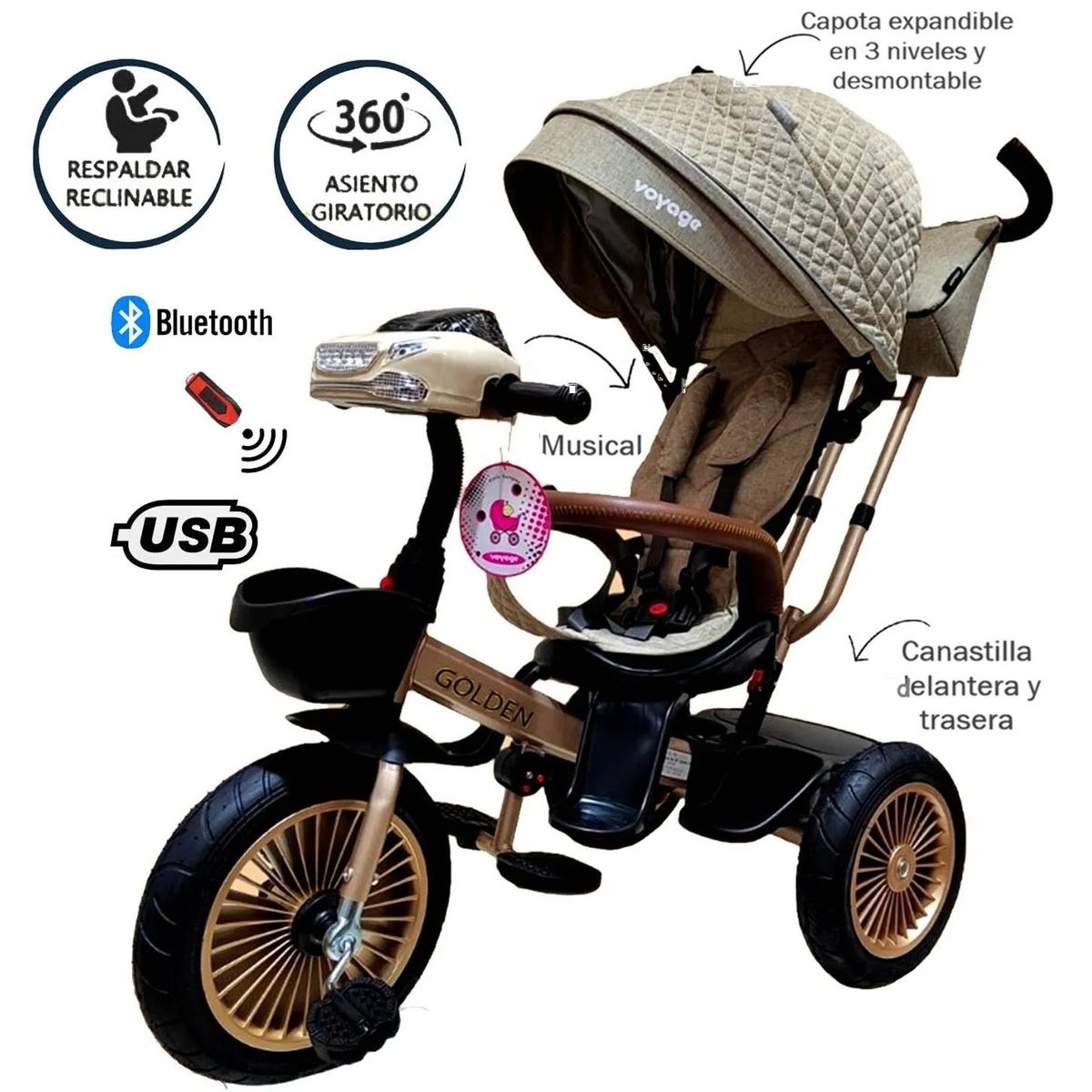 VOYAGE - Triciclo Golden Voyage Asiento Giratorio con Control Beige