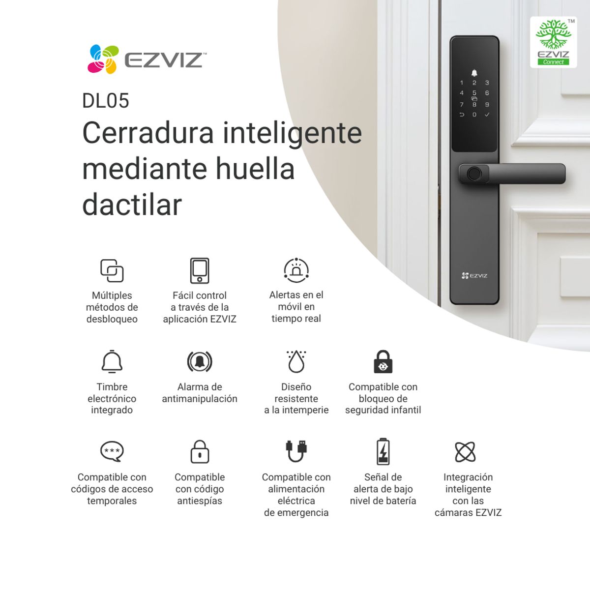 EZVIZ - Ezviz DL05 Cerradura Inteligente Biométrica Por Huella Clave Y App Ip65