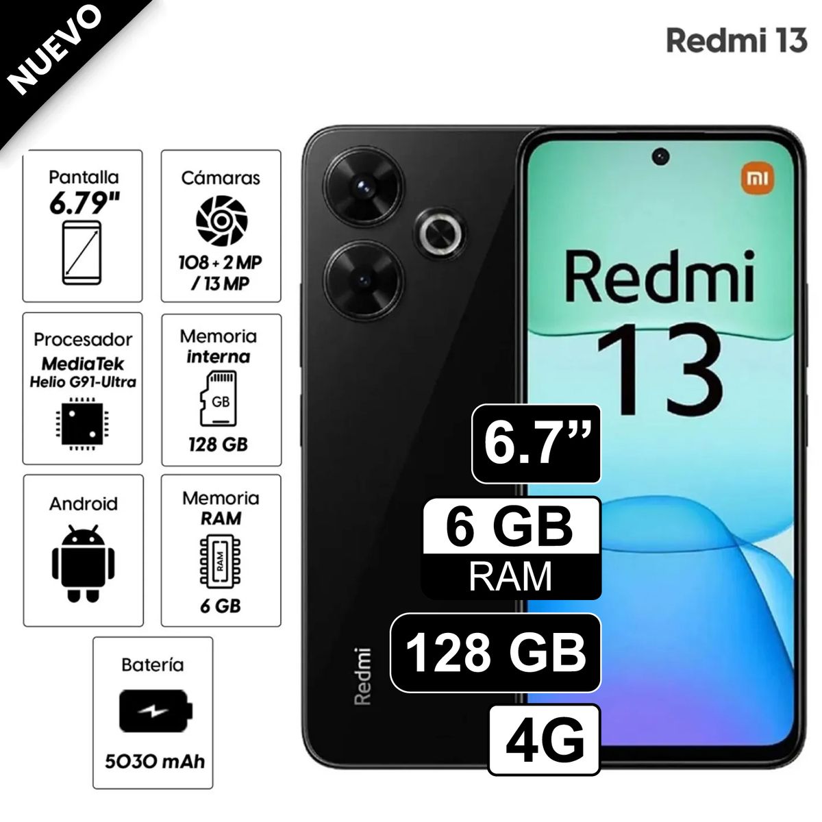 REDMI - Celular Xiaomi Redmi 13 128GB, 6GB RAM, cámara principal 108MP + 2MP, frontal 13MP, 6.79", negro