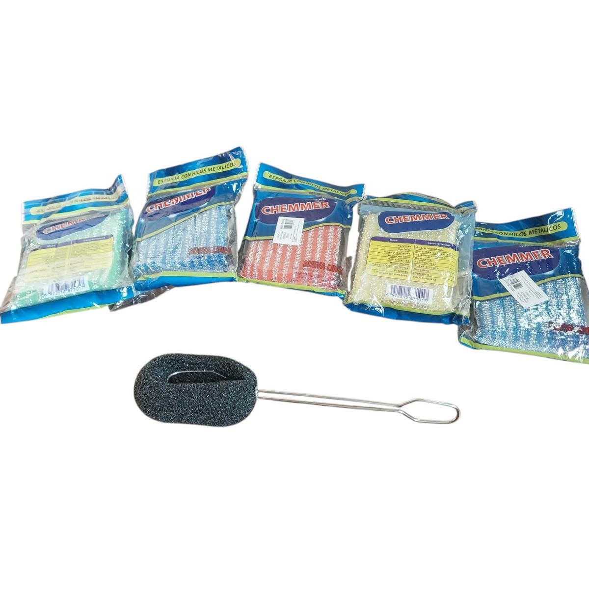 WELL BEING - COMBO 5 ESPONJAS DE COCINA + 1 LAVA VASOS CON MANGO DE ACERO