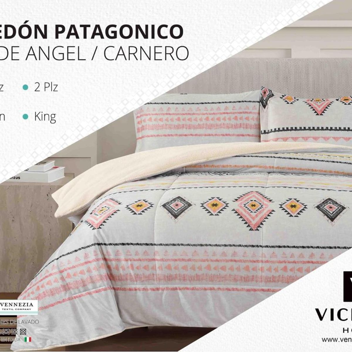 VENEZIA - Set de Edredón QUEEN Patagonico Piel de Angel C/ Carnero de 5 Piezas