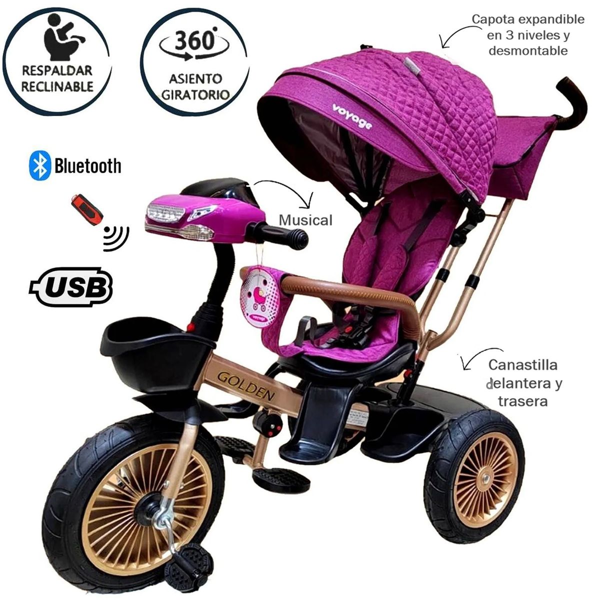 VOYAGE - Triciclo Golden Voyage Asiento Giratorio con Control Fucsia