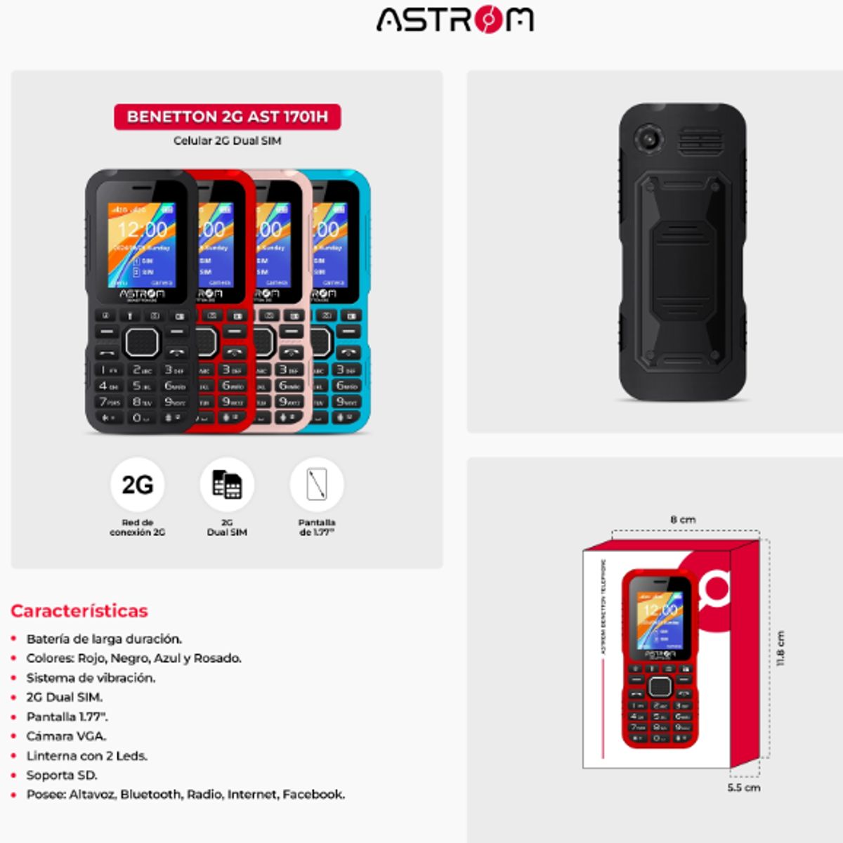ASTROM - Celular 2G Dual Sim Pantalla 1. 77 " BENETTON AST1701H Azul ASTROM