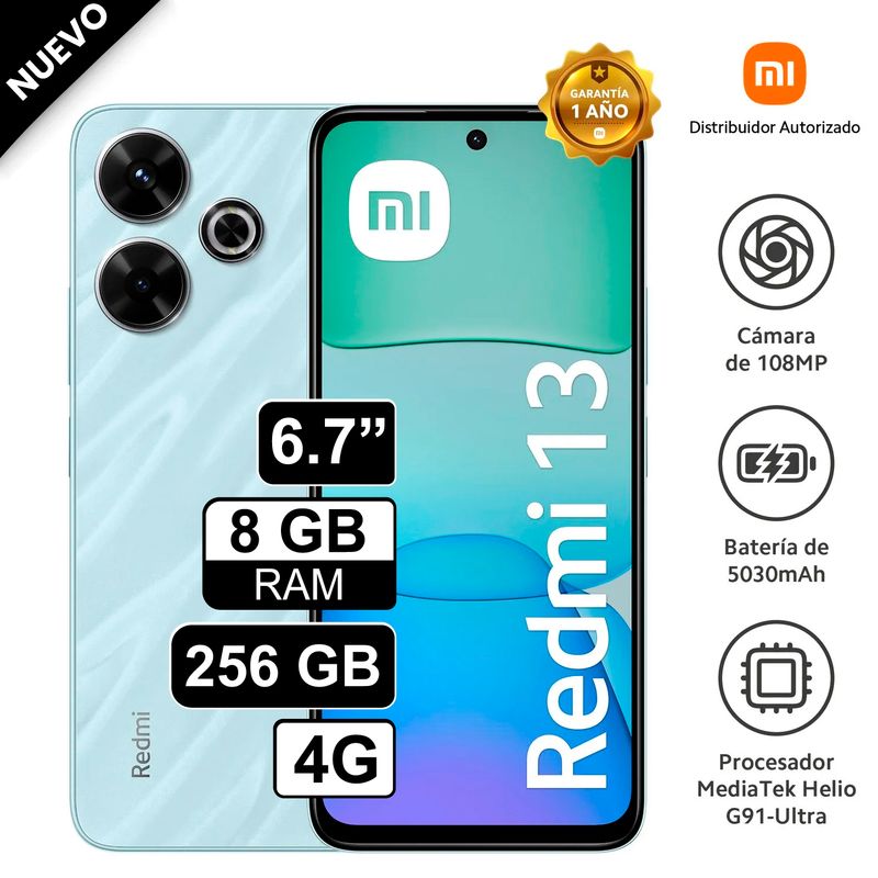 REDMI - Celular Xiaomi Redmi 13 256GB, 8GB RAM, cámara principal 108MP + 2MP, frontal 13MP, 6.79" azul