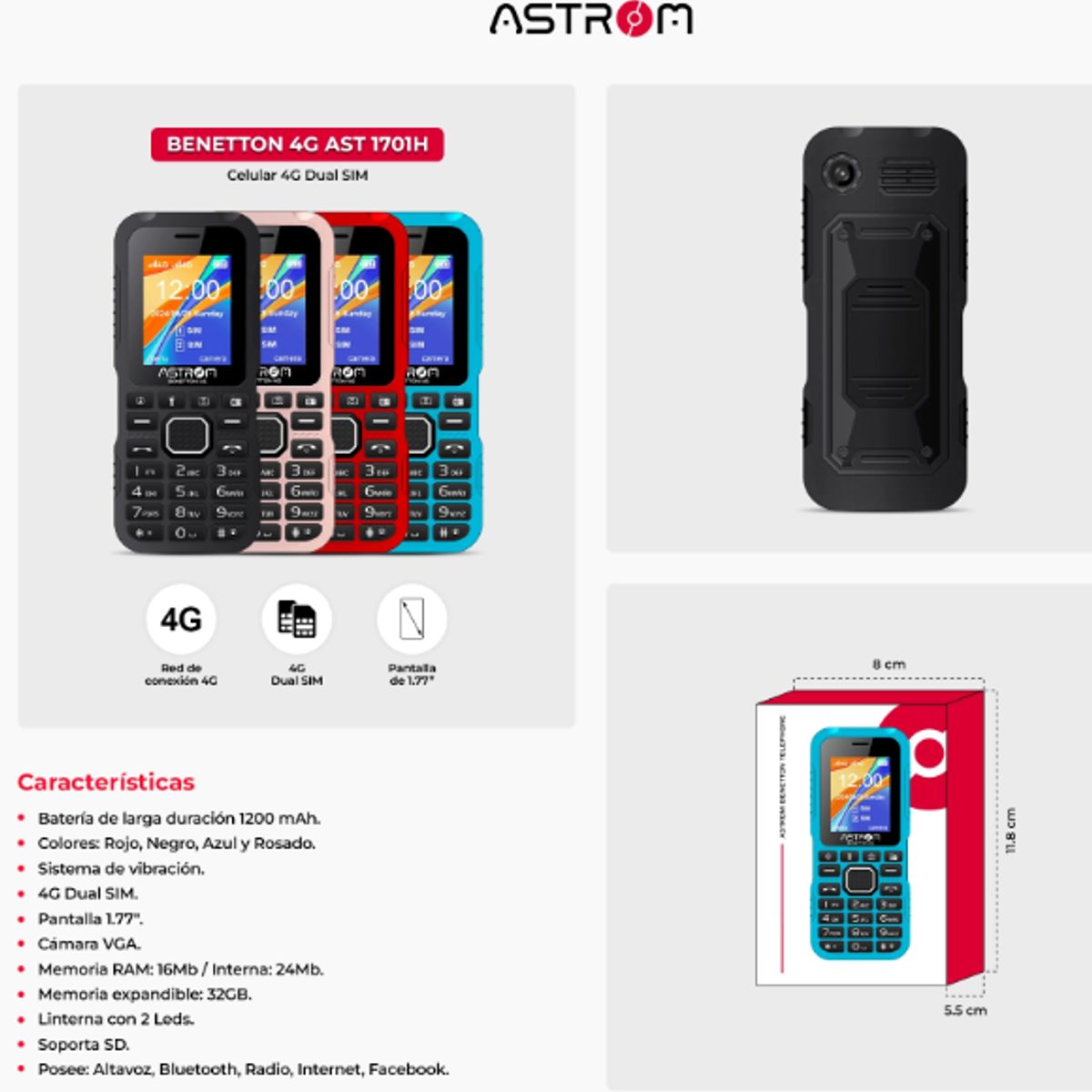 ASTROM - Celular 4G Dual Sim Pantalla 1. 77 " BENETTON AST1701H Azul ASTROM