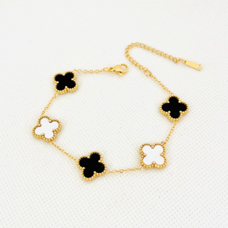 GENERICO - Pulsera de acero trébol nacarado blanco y negro