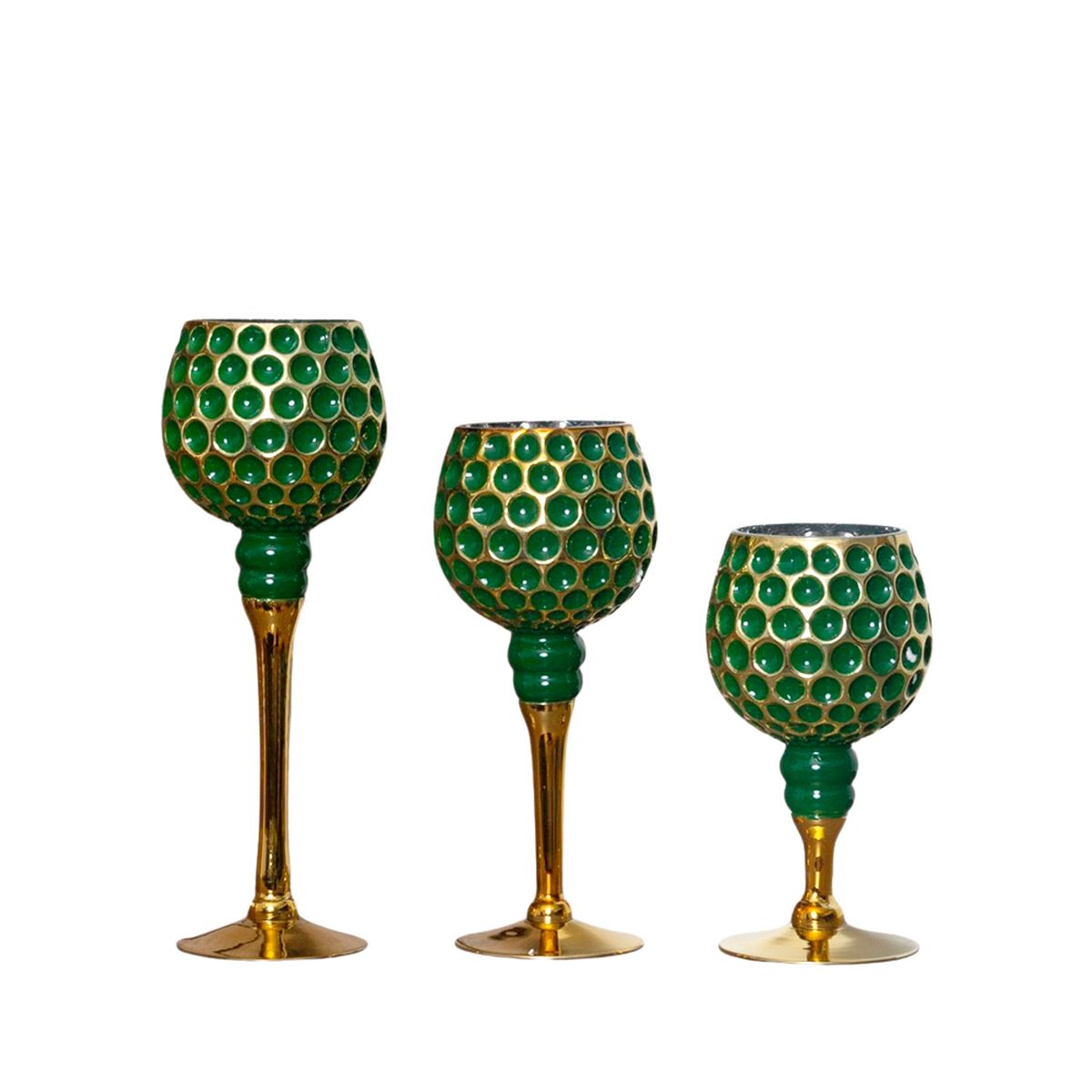 PANADECOR - Set Copas Porta Velas Panadecor Verde Con Base Dorada 30Cm Vidrio