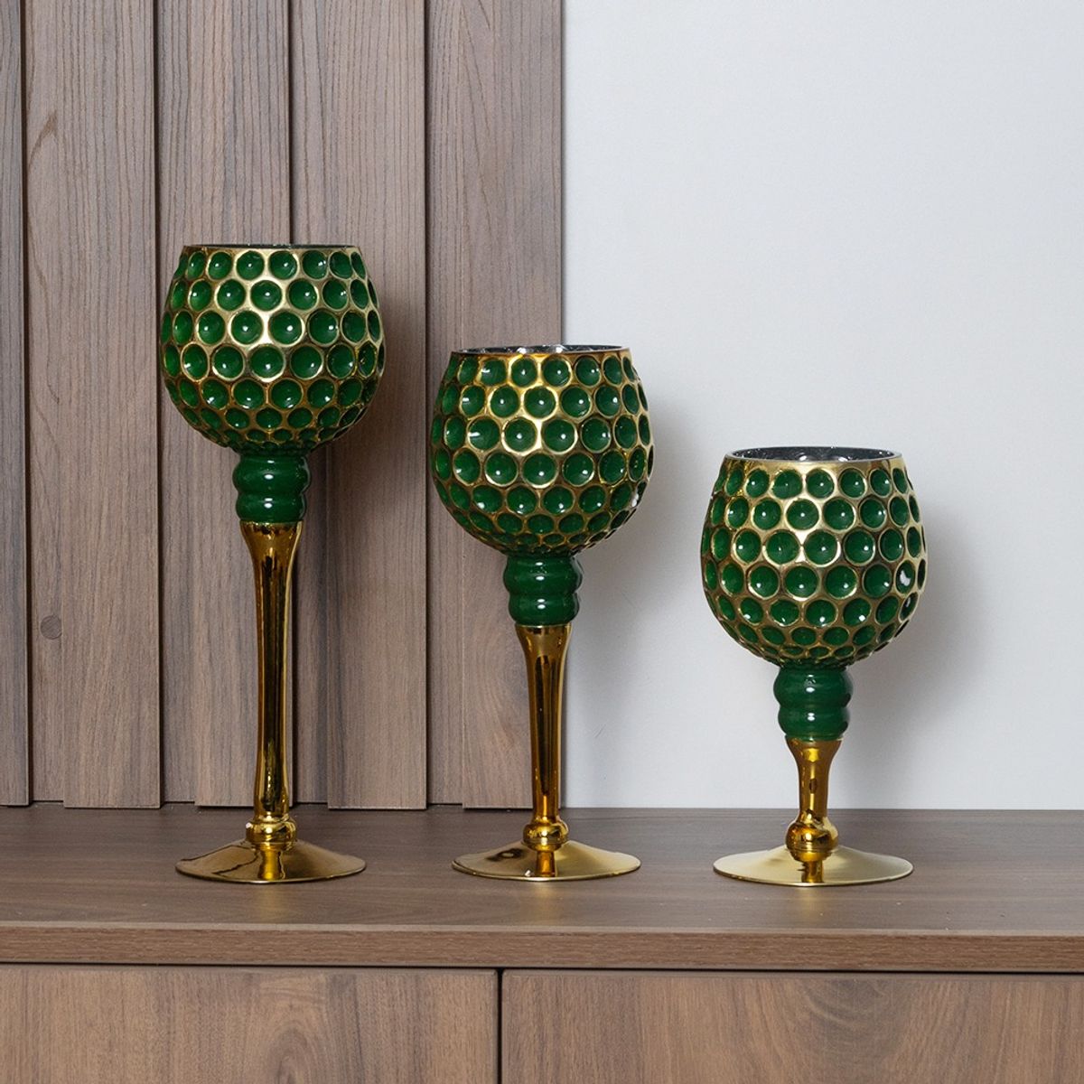 PANADECOR - Set Copas Porta Velas Panadecor Verde Con Base Dorada 30Cm Vidrio