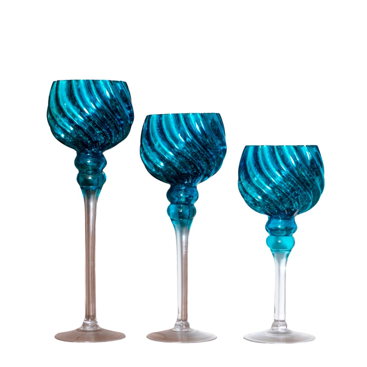 PANADECOR - Set Copa Porta Velas Panadecor Azul Turquesa Con Relieve Espiral 40Cm Vidrio