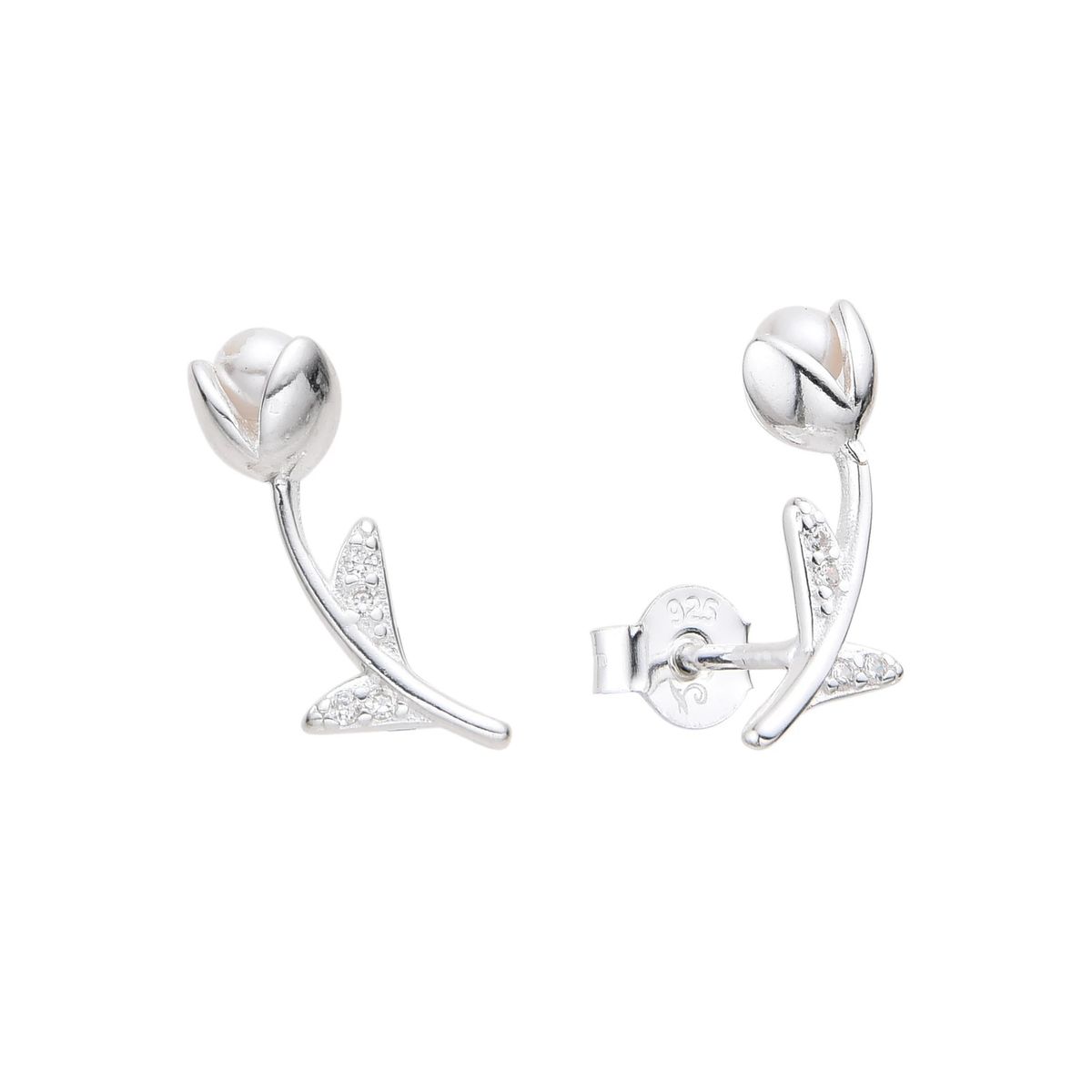 SANTORAL - Aretes Tulipán con Perla y Brillos - Plata