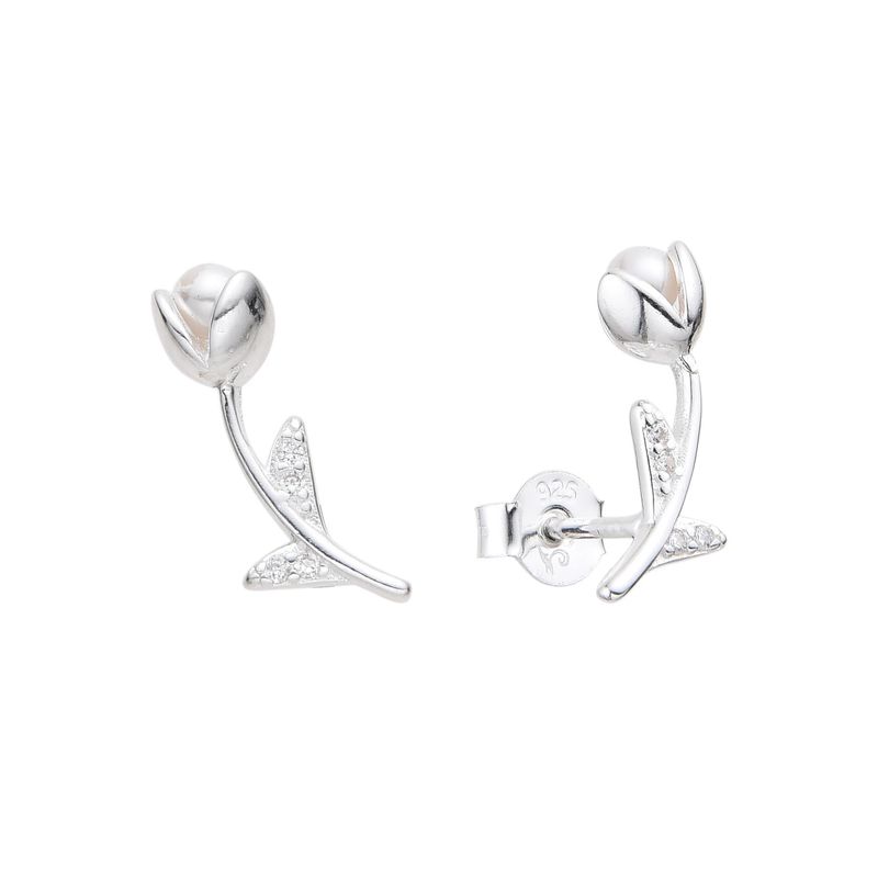 SANTORAL - Aretes Tulipán con Perla y Brillos - Plata