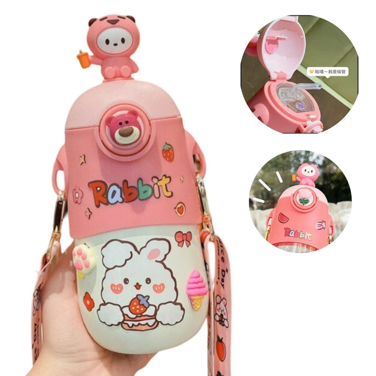 ELMEJORPRECIO - Tomatodo Portátil Oso Mebo 3D Con Stickers de 600 ml Rosado