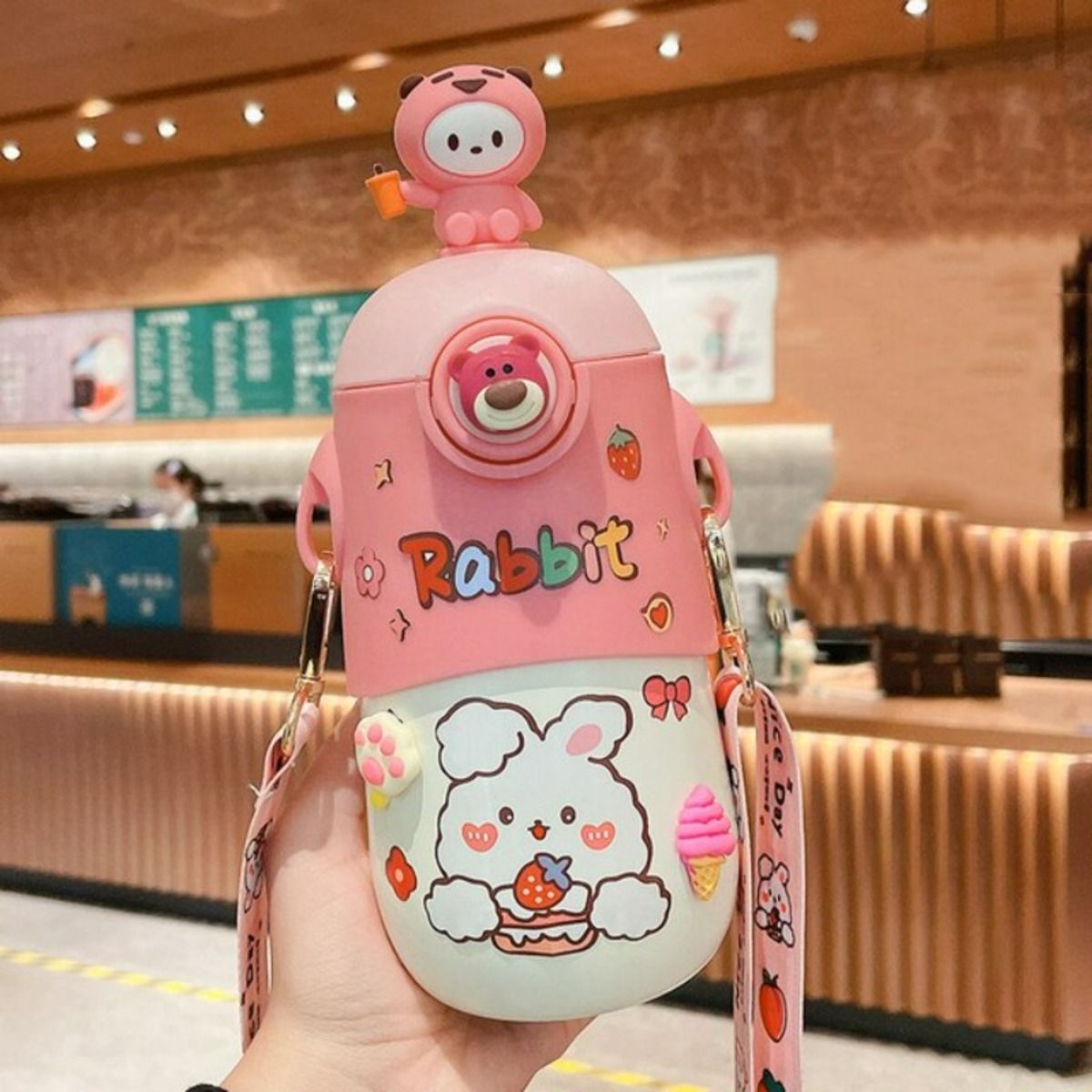 ELMEJORPRECIO - Tomatodo Portátil Oso Mebo 3D Con Stickers de 600 ml Rosado