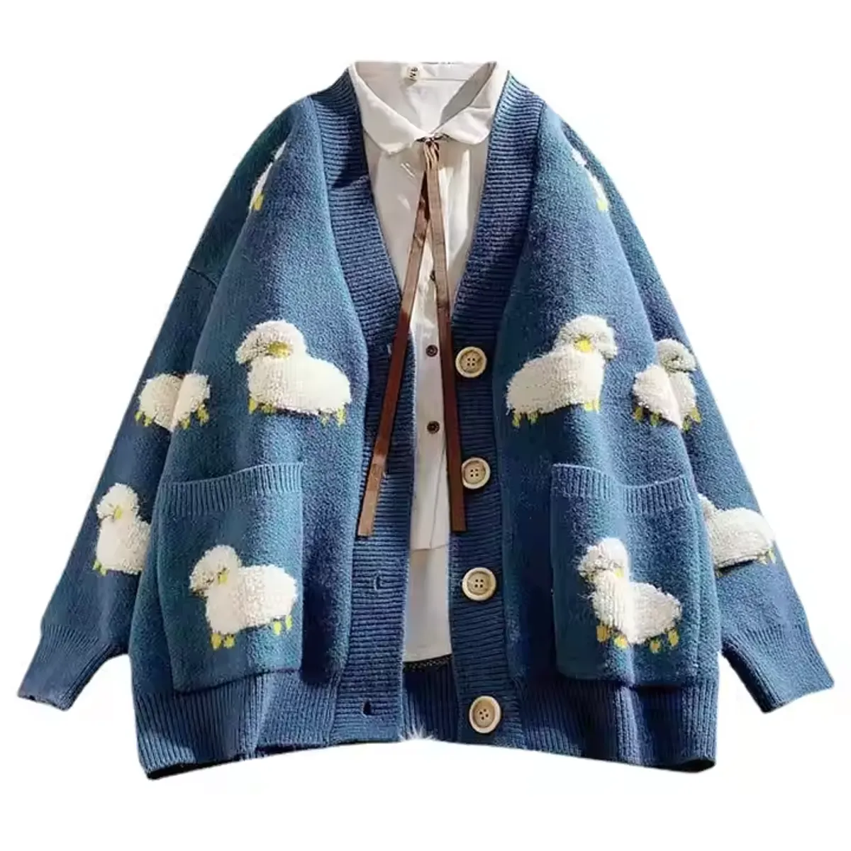 GENERICO - Chompa Cardigan Blue Aesthetic Ovejas - Estilo Coreano