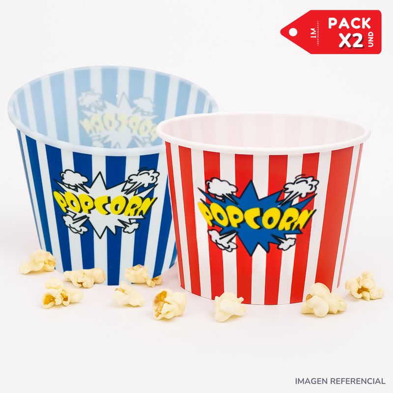 INSPIRA - Balde Popcorn Canchita Dinamico Practico Pack x2 Azul y Rojo