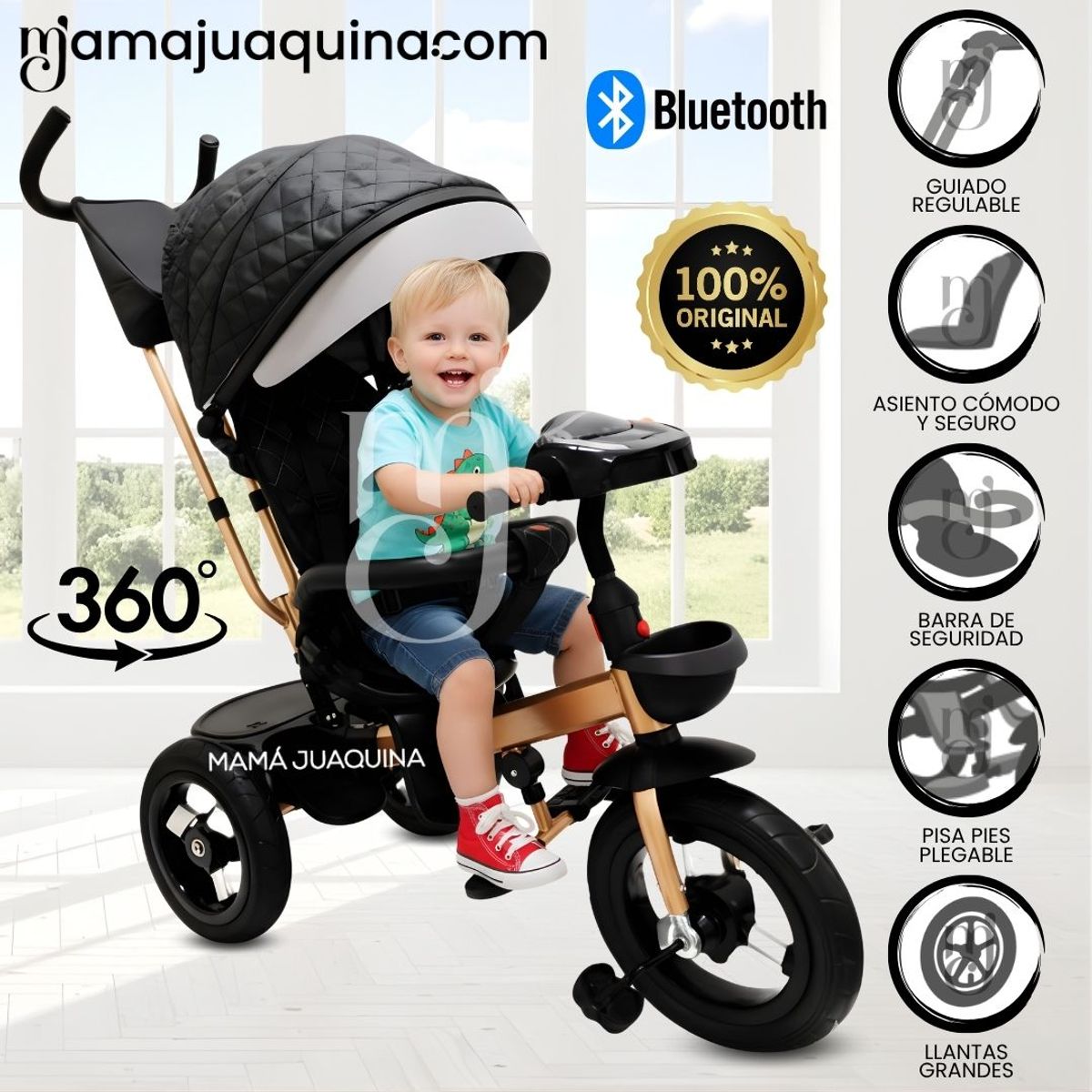 VELOX - Triciclo Giratorio 3 en 1 «SMART PREMIUM» USB Bluetooth Black