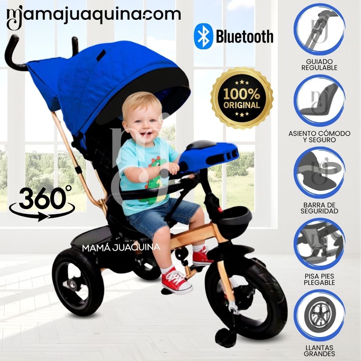 VELOX - Triciclo Giratorio 3 en 1 «SMART PREMIUM» USB Bluetooth Blue