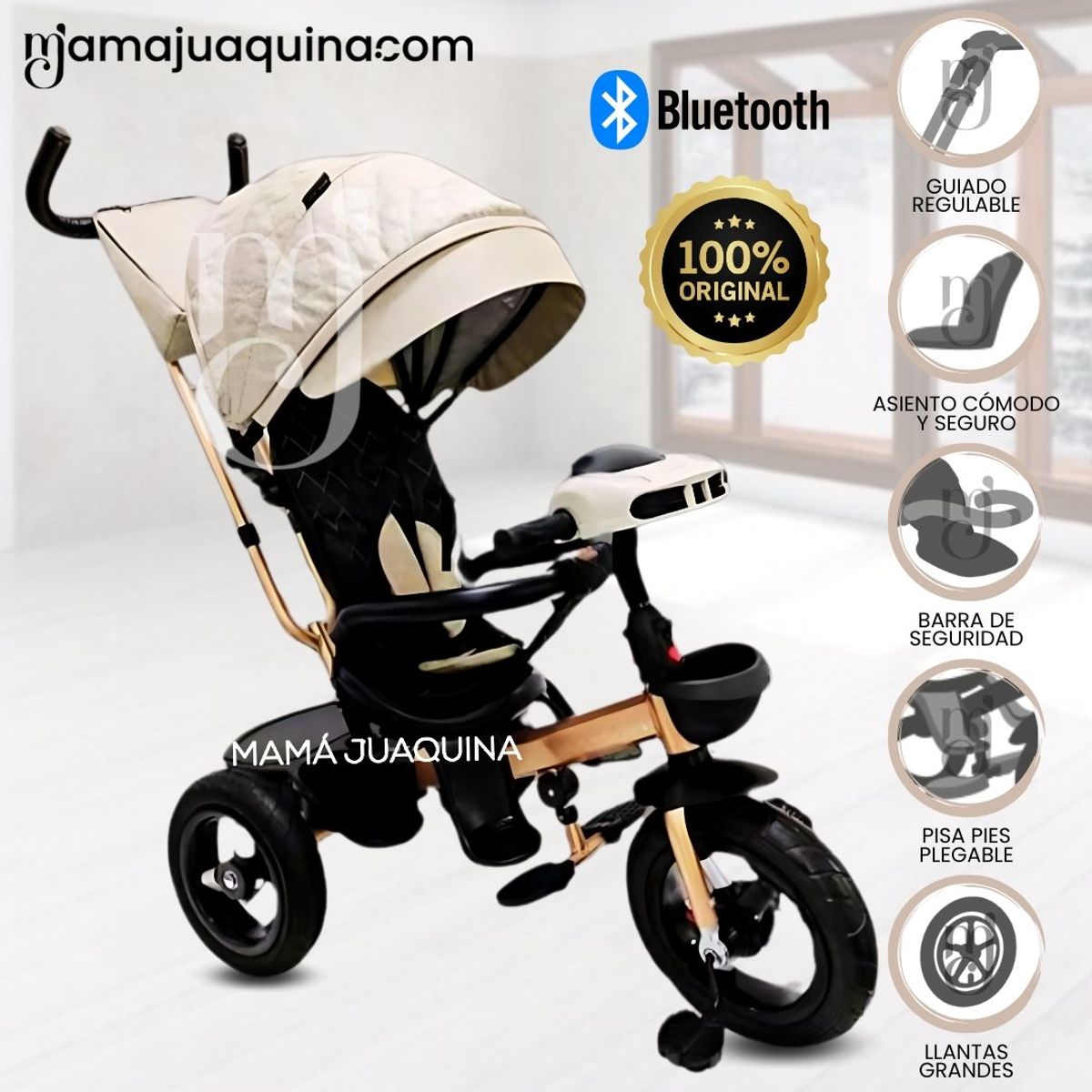 VELOX - Triciclo Giratorio 3 en 1 «SMART PREMIUM» USB Bluetooth Beige