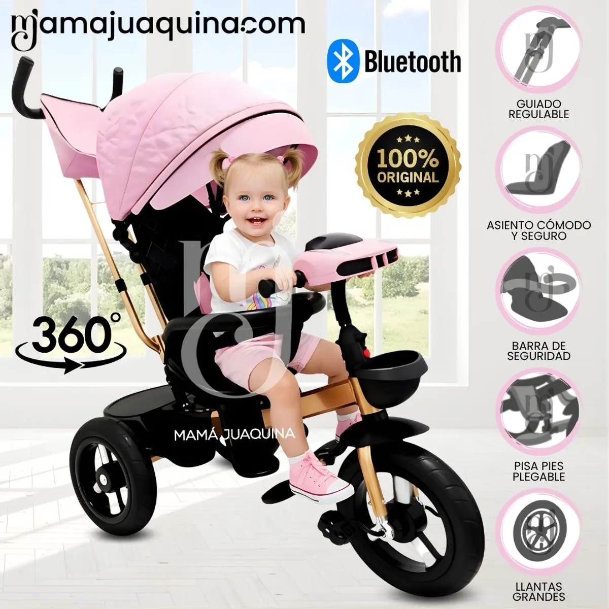 VELOX - Triciclo Giratorio 3 en 1 «SMART PREMIUM» USB Bluetooth Pink