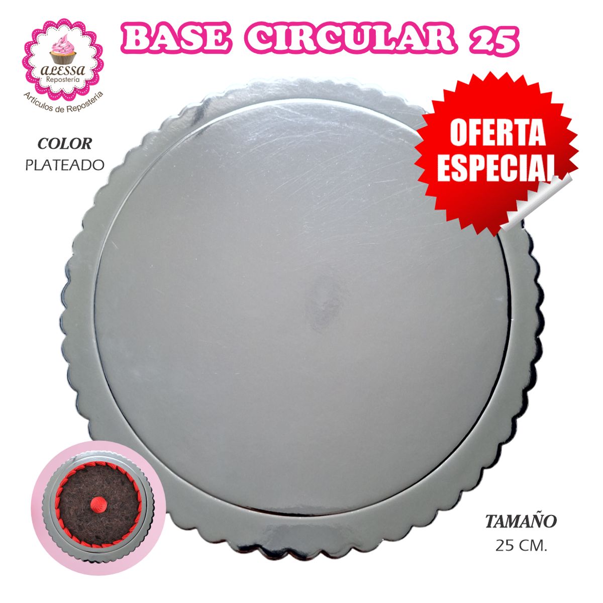 GENERICO - 100 Bases Plateadas de Torta Pastel de 25 cm. para Repostería