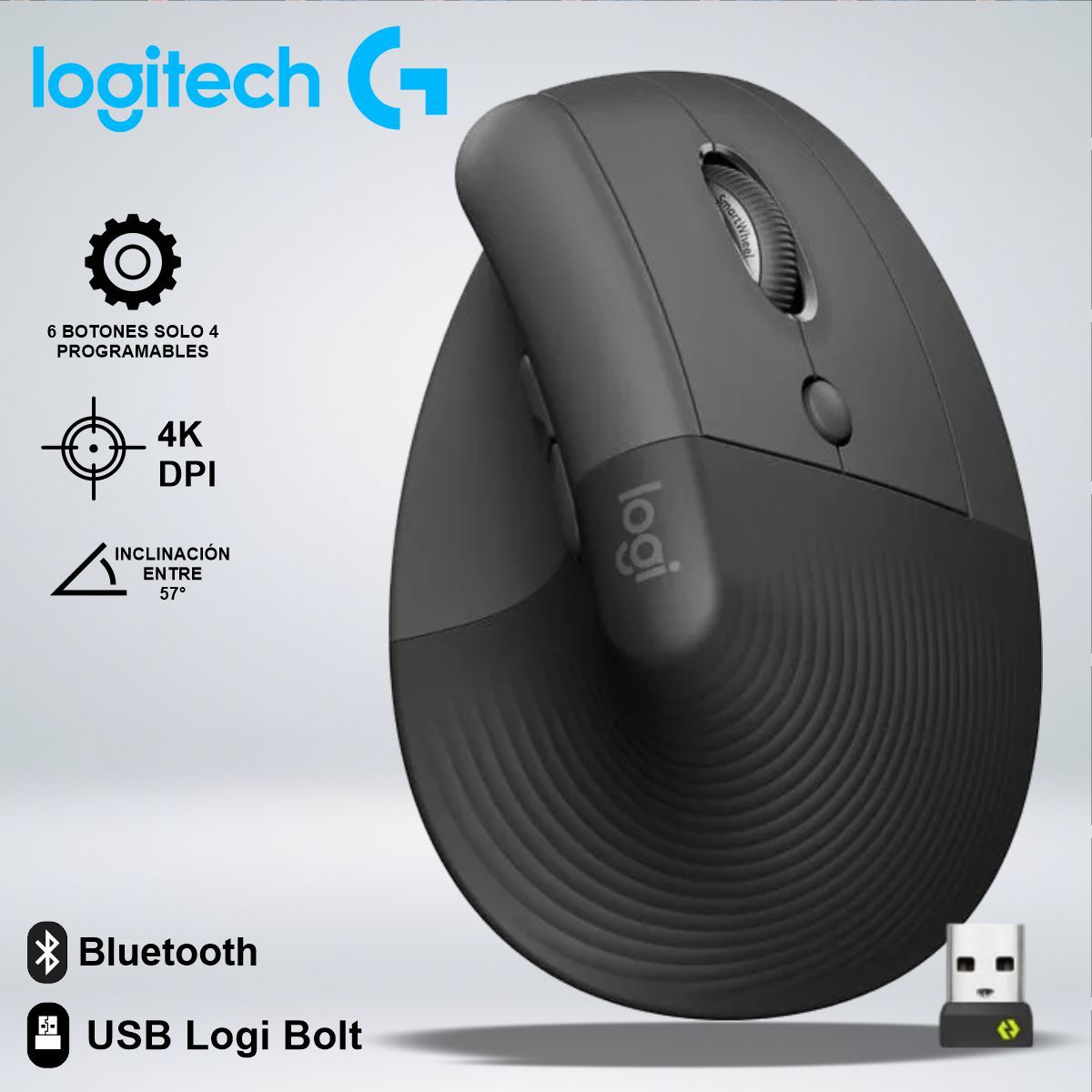 LOGITECH - MOUSE LOGITECH LIFT VERTICAL WIRELESS BLUETOOTH COMODIDAD ANGULO 57°