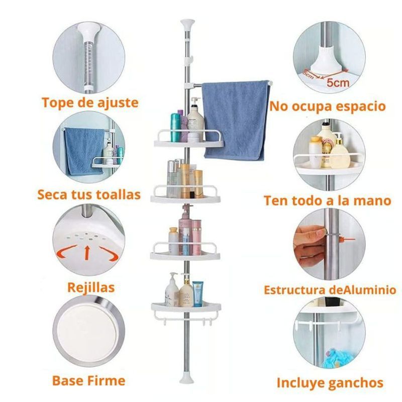 OEM - ORGANIZADOR ESQUINERO DE DUCHA 4 PISOS AJUSTABLE HASTA 320 CM