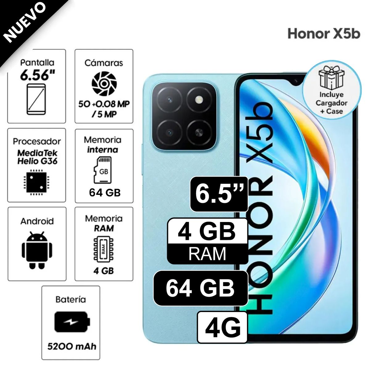 HONOR - Celular Honor X5B 6.5 pulg 4GB RAM 64GB 50MP Ocean Blue
