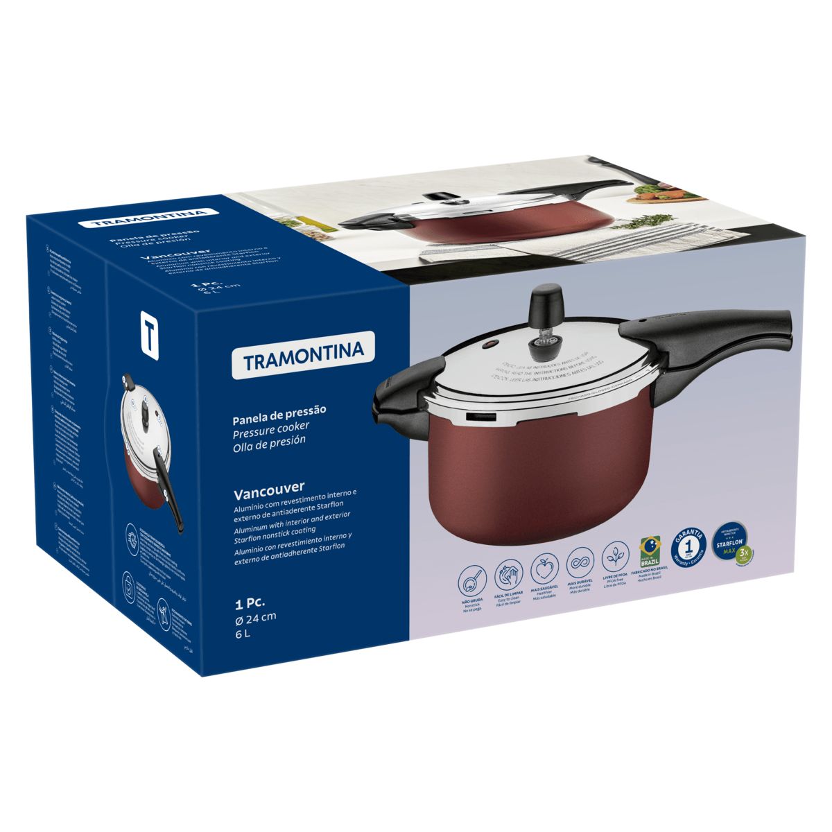 TRAMONTINA - Olla a Presión 24 cm x6Lt Vancouver Rojo 10116302