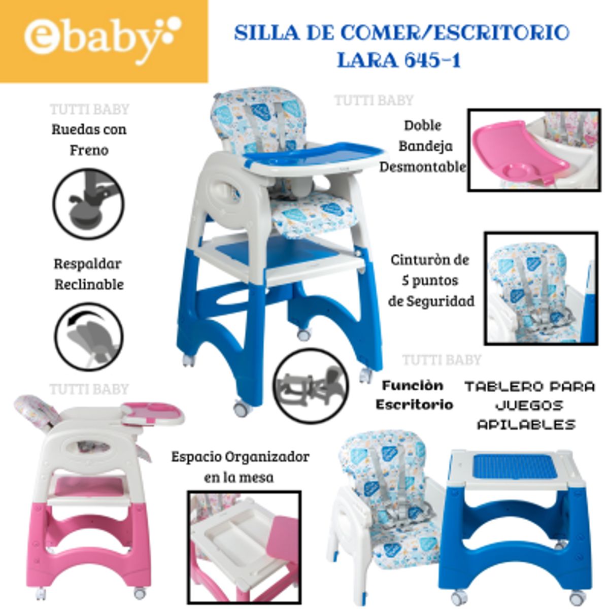 EBABY - SILLA DE COMER ESCRITORIO LARA 4 EN 1 CON RUEDAS  COLOR AZUL + PLATITO VERDE + 1 BOLSA DE LEGOS