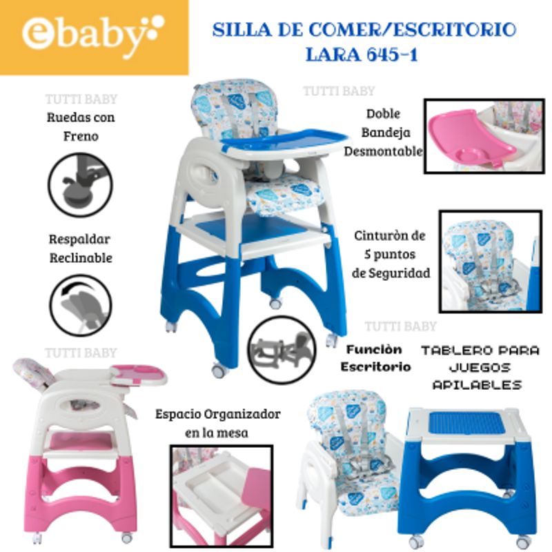 EBABY - SILLA DE COMER ESCRITORIO LARA 4 EN 1 CON RUEDAS  COLOR AZUL + PLATITO VERDE + 1 BOLSA DE LEGOS