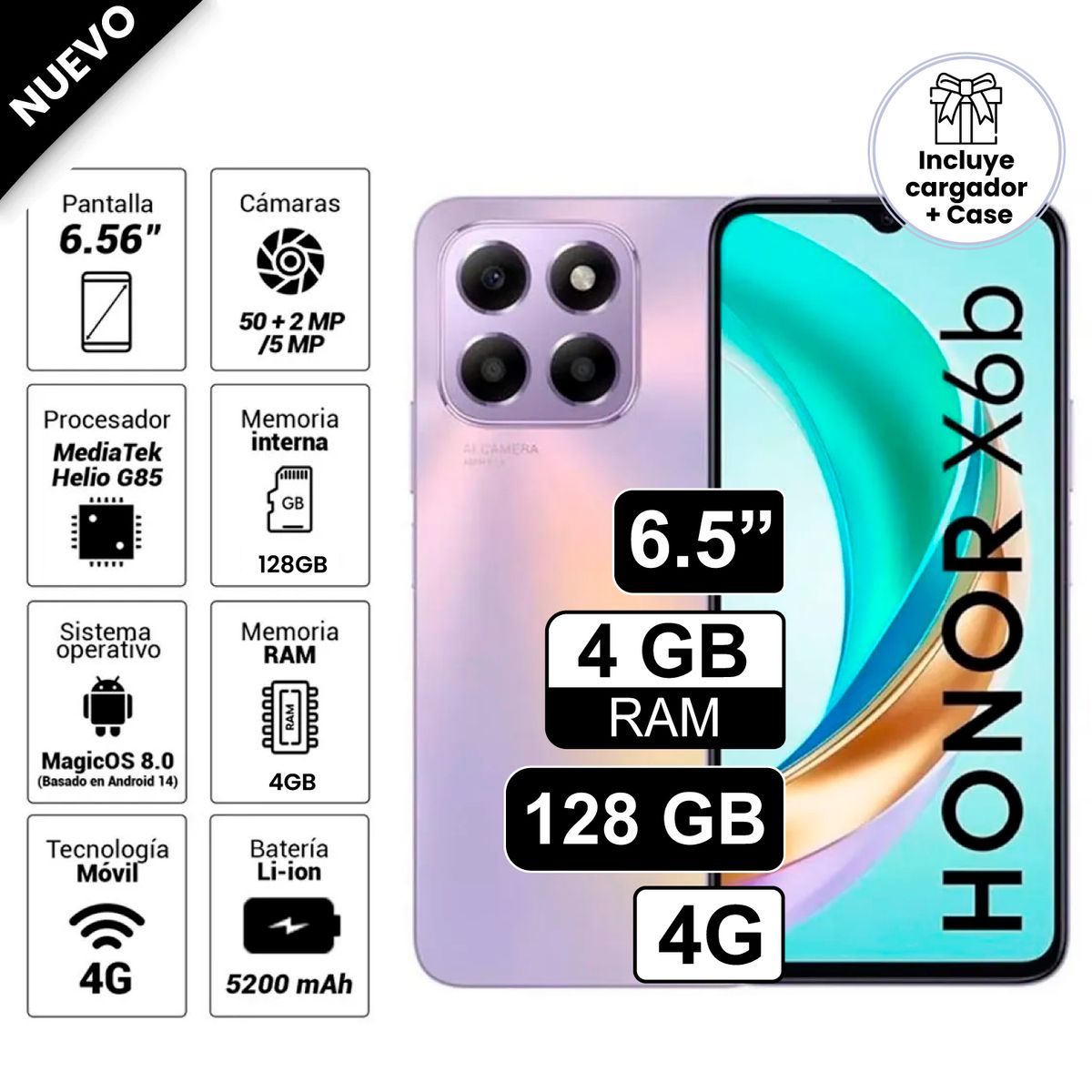 HONOR - Celular Libre Honor X6B 6.5 Pulg 128GB 4GB RAM Lila