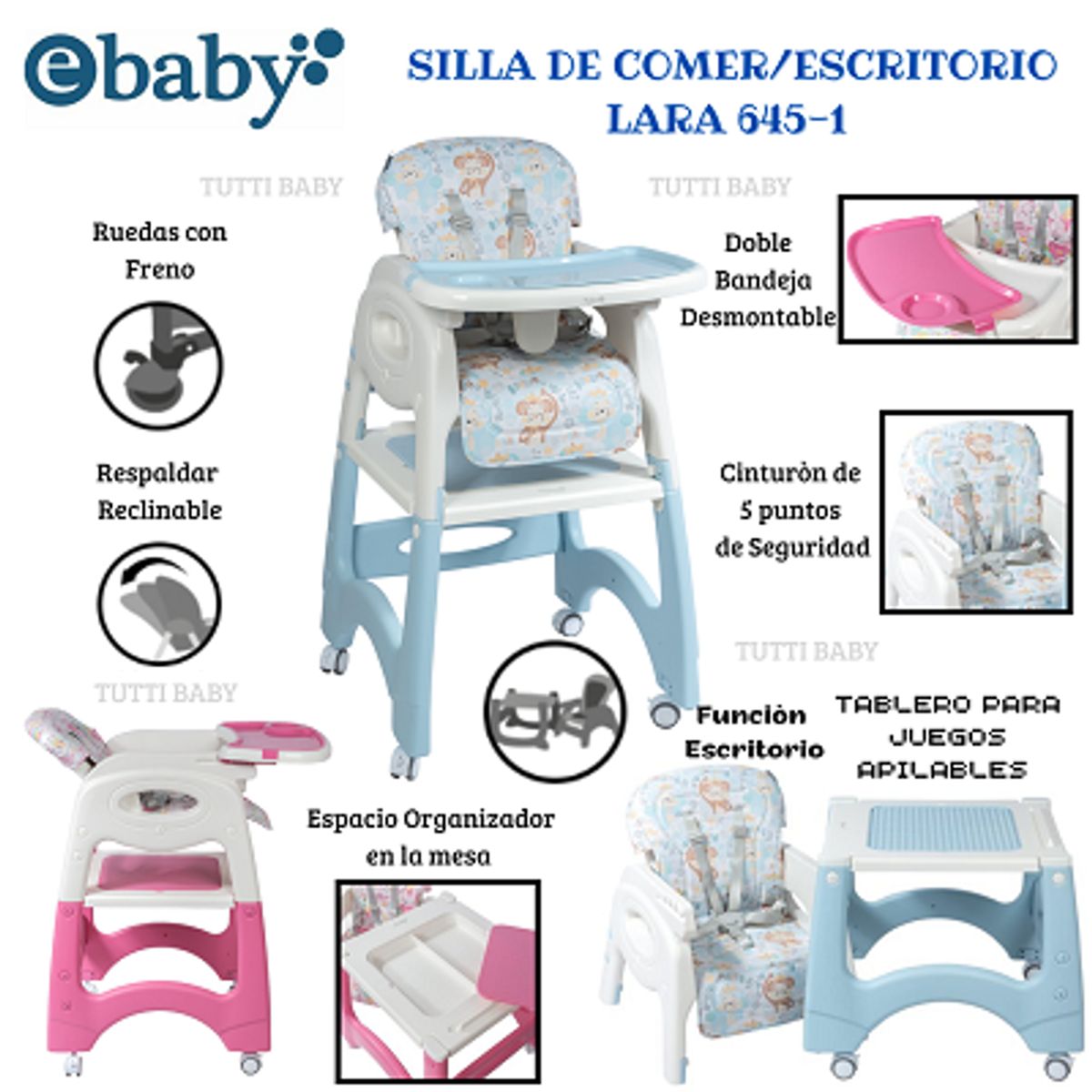 EBABY - SILLA DE COMER ESCRITORIO LARA 4 EN 1 CON RUEDAS CELESTE  + 1 PLATITO VERDE + 1 BOLSA DE LEGOS