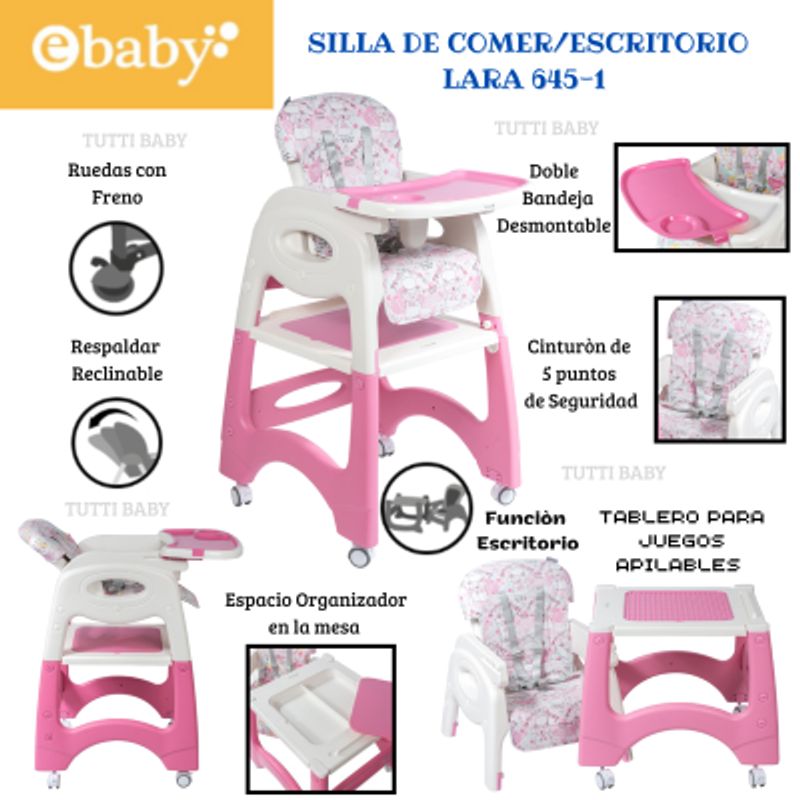 EBABY - SILLA DE COMER ESCRITORIO LARA 4 EN 1 CON RUEDAS  ROSADO + 1 PLATITO VERDE + 1 BOLSA DE LEGOS