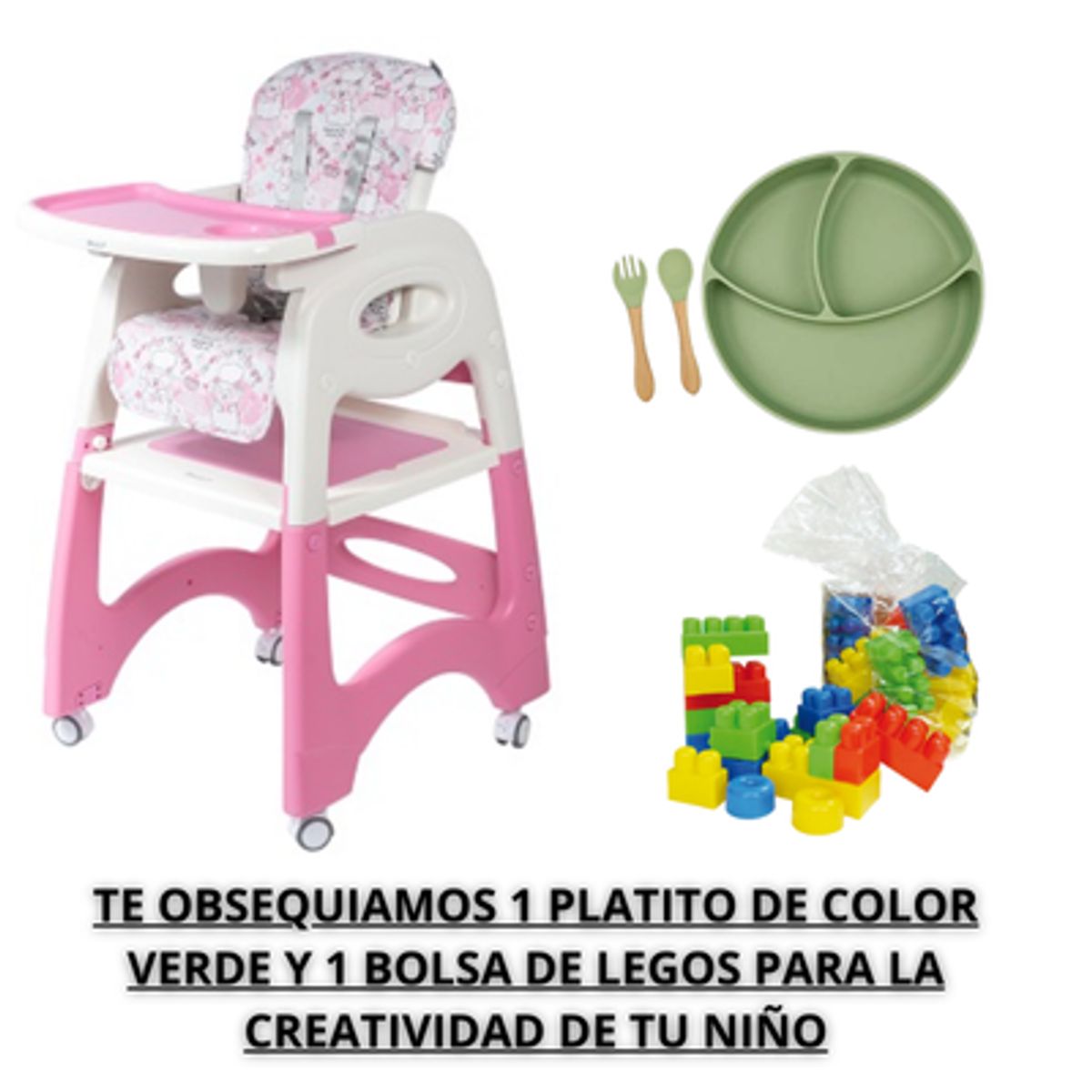 EBABY - SILLA DE COMER ESCRITORIO LARA 4 EN 1 CON RUEDAS  ROSADO + 1 PLATITO VERDE + 1 BOLSA DE LEGOS