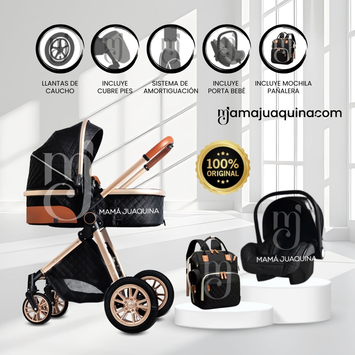 BABY - Coche Moisés de Lujo 4 en 1 «MADRID» Con Portabebé Black