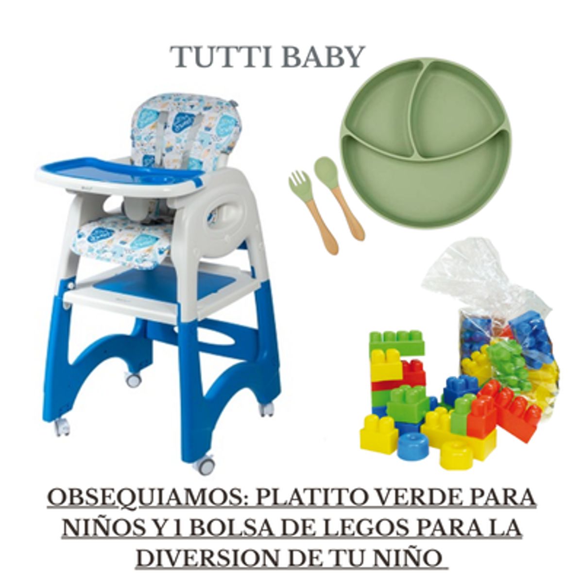 EBABY - SILLA DE COMER ESCRITORIO 4 EN 1 LARA CON RUEDAS AZUL + OBSEQUIO 1 PLATO VERDE + 1 BOLSA DE LEGOS
