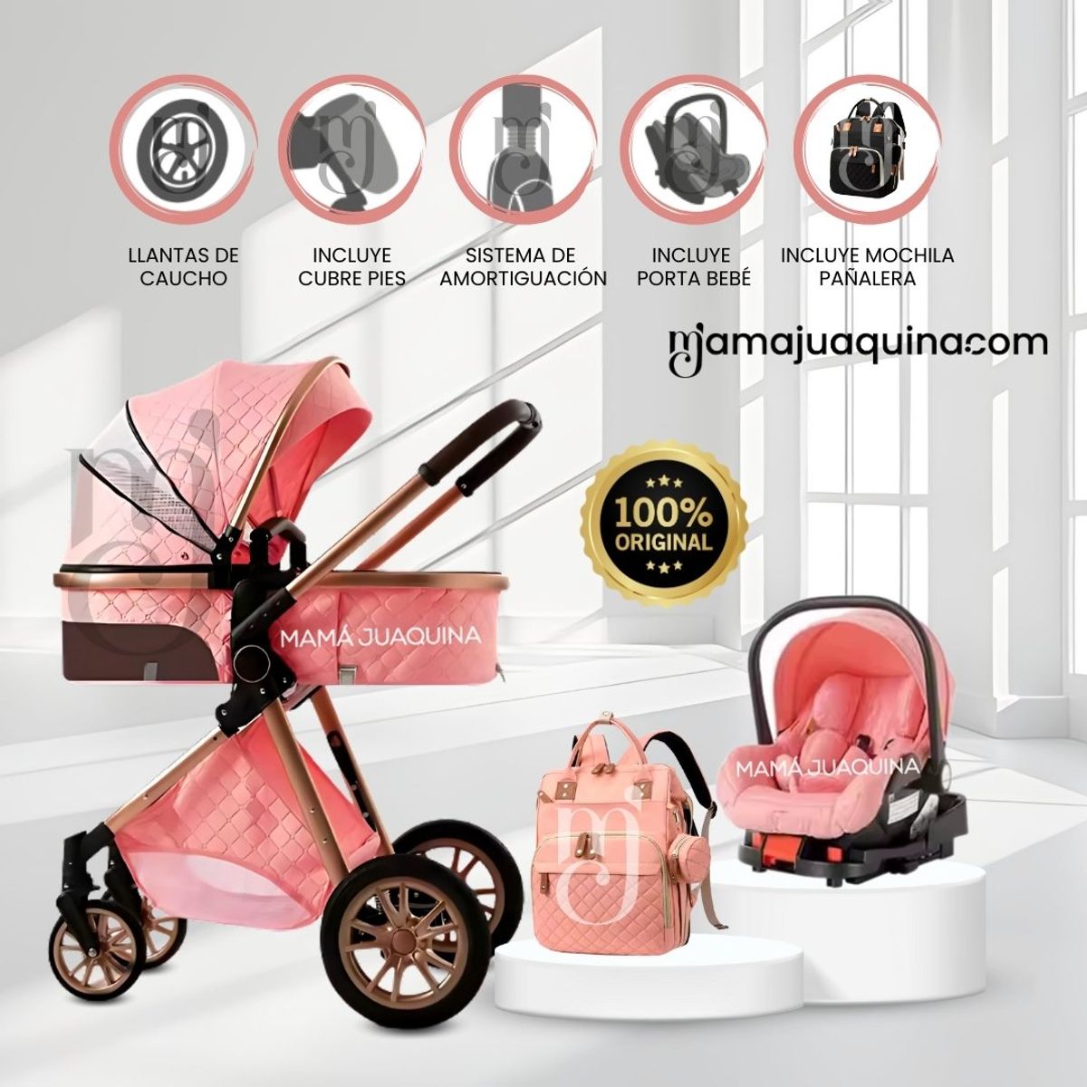 BABY - Coche Moisés de Lujo 4 en 1 «MADRID» Con Portabebé Pink
