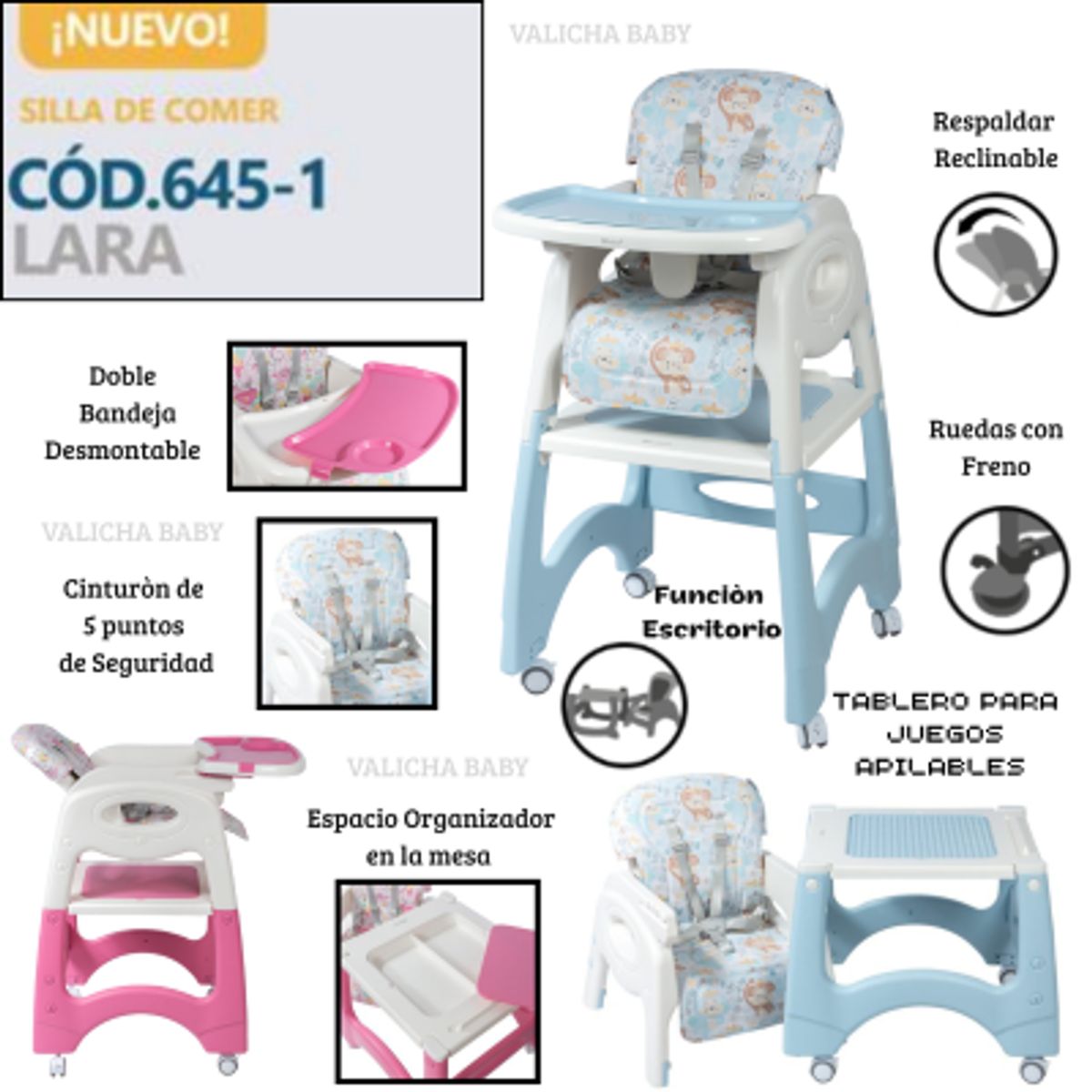 EBABY - SILLA DE COMER ESCRITORIO 4 EN 1 LARA CON RUEDAS CELESTE + PLATITO DE OBSEQUIO + 1 BOLSA DE LEGOS
