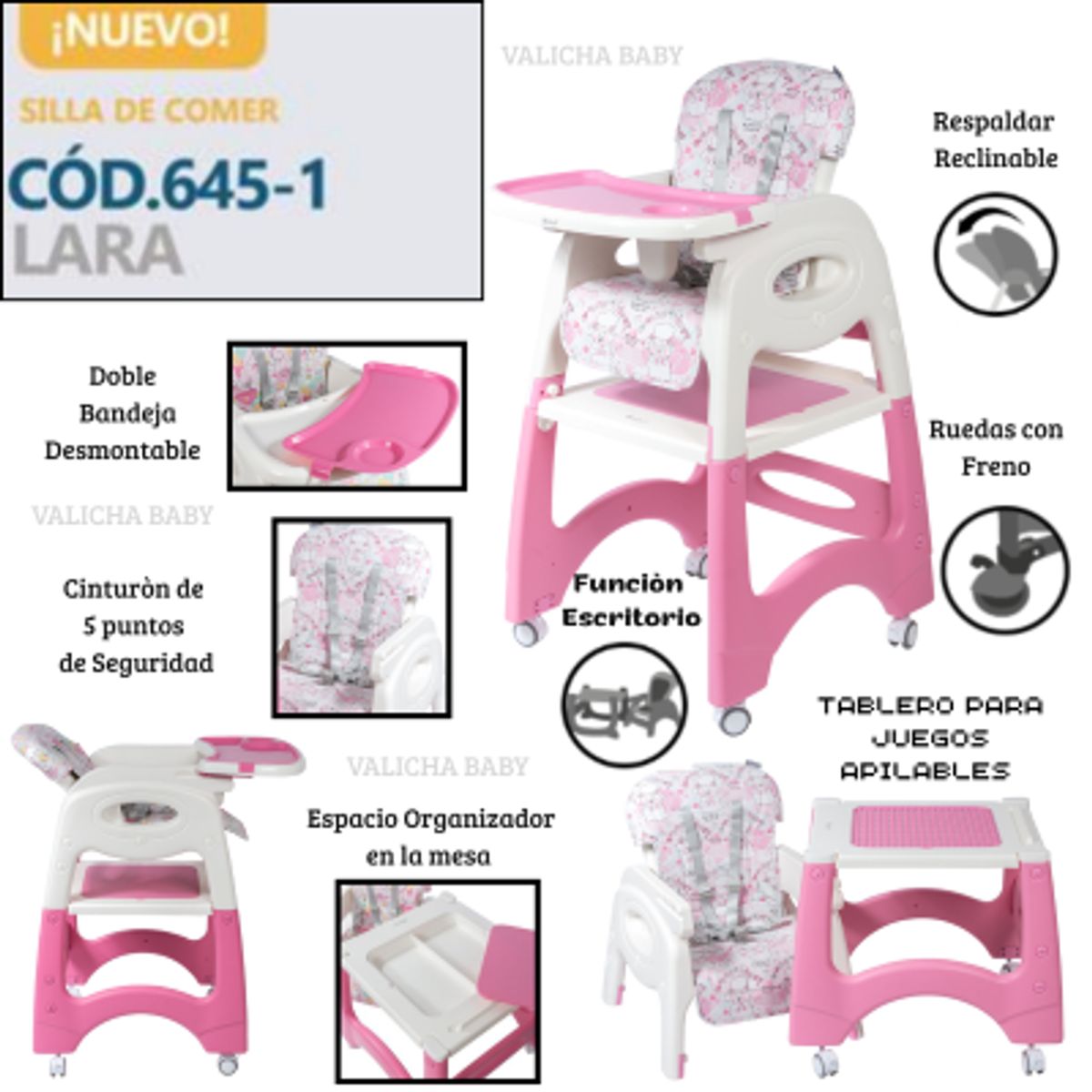 EBABY - SILLA DE COMER ESCRITORIO 4 EN 1 LARA CON RUEDAS  ROSADO  + OBSEQUIO PLATO VERDE + 1 BOLSA LEGOS