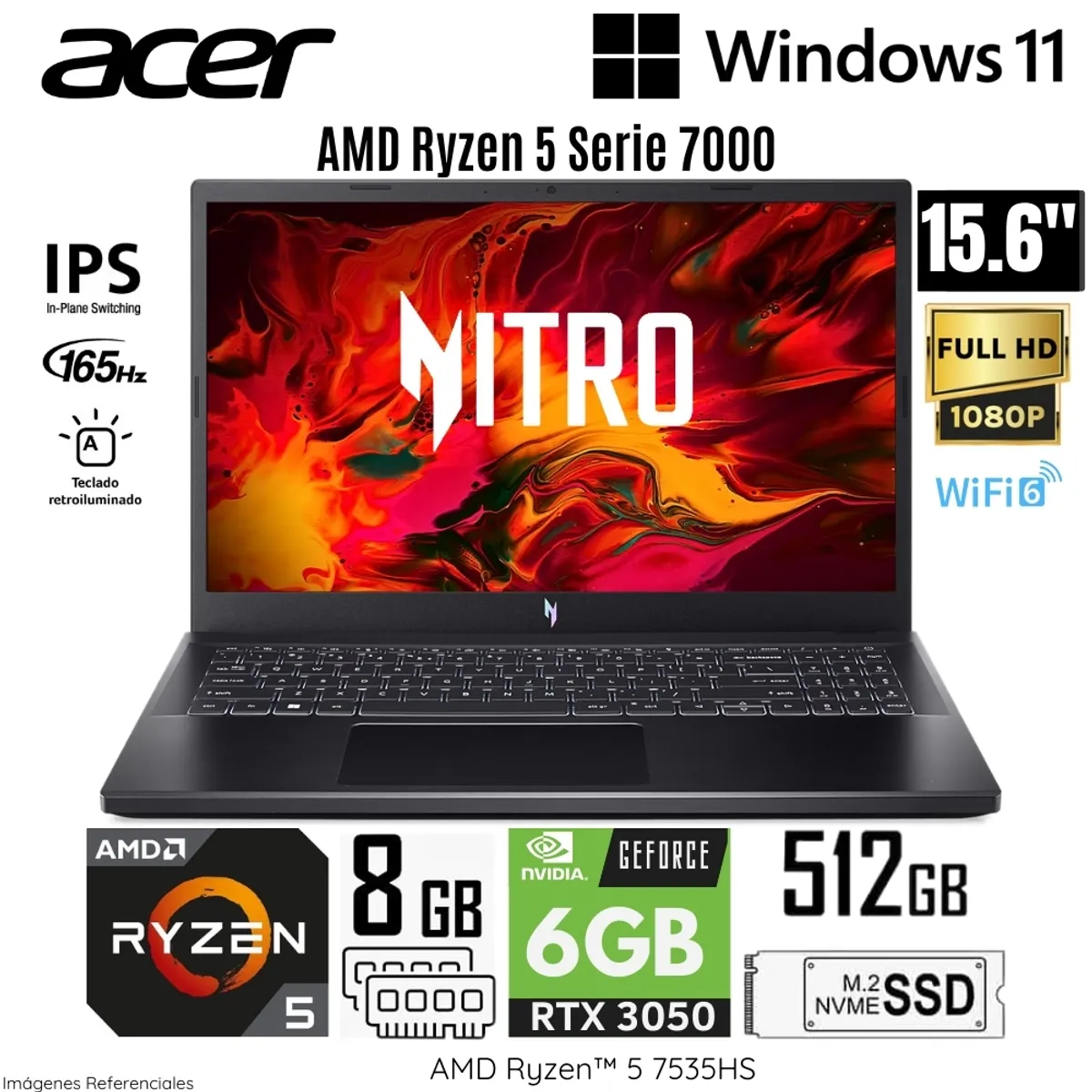 ACER - Laptop Acer Nitro V15 ANV15-41-R0RX AMD Ryzen5-7535HS 8GB RAM 512GB SSD 15.6"  FHD RTX3050-6GB WIN 11