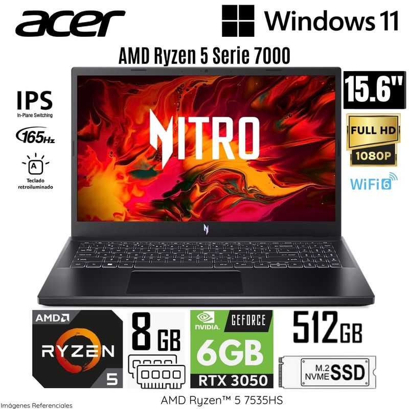 ACER - Laptop Acer Nitro V15 ANV15-41-R0RX AMD Ryzen5-7535HS 8GB RAM 512GB SSD 15.6"  FHD RTX3050-6GB WIN 11