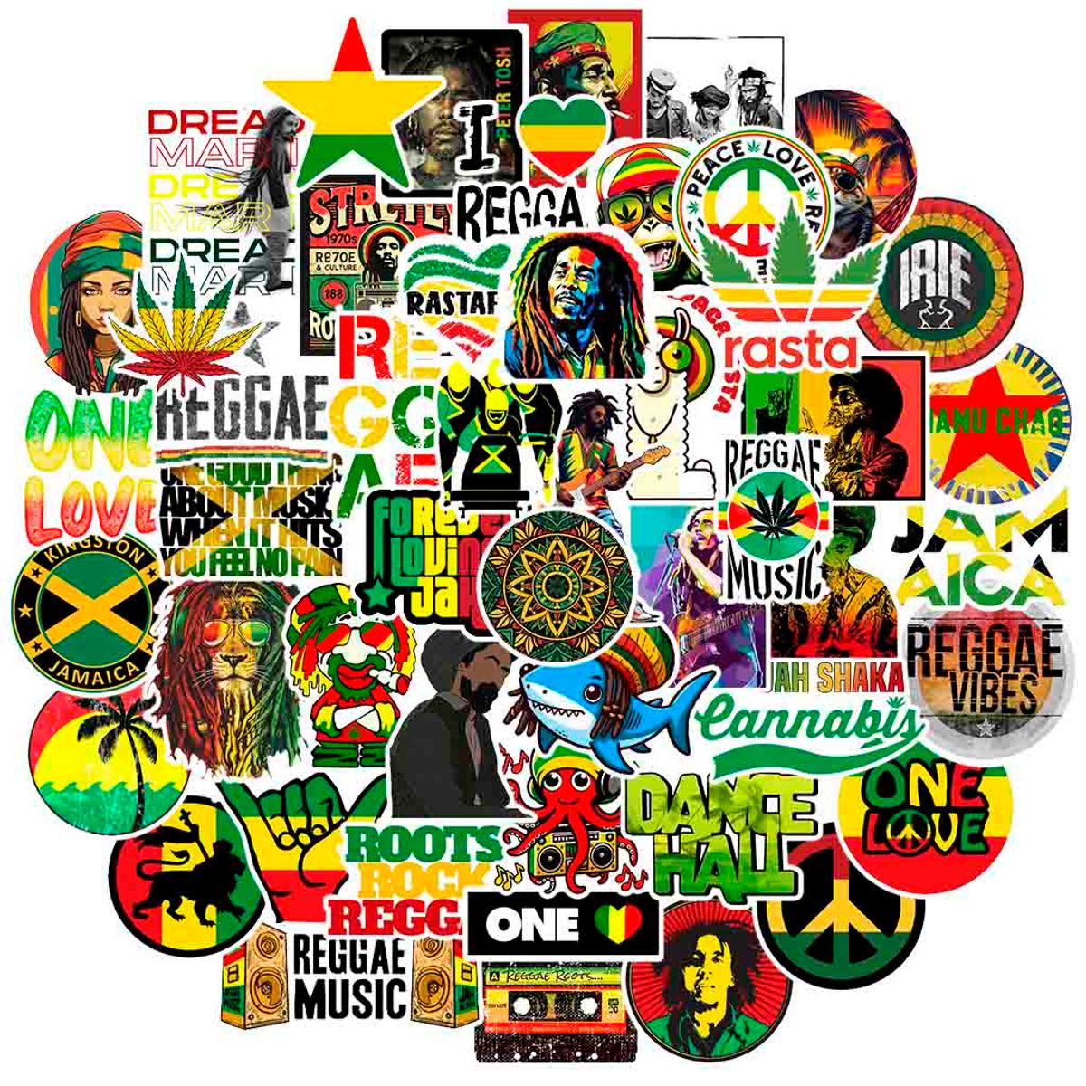 GENERICO - Sticker Reggae pack 50 pegatinas musica resistente al agua