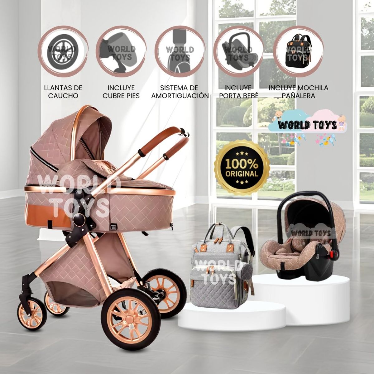 BABY - Coche Moisés de Lujo 4 en 1 «MADRID» Con Portabebé Coffee