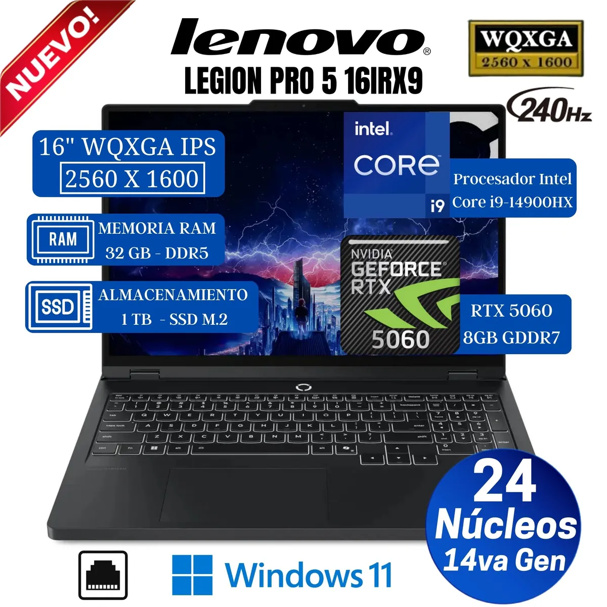 LENOVO - Laptop Lenovo Legion Pro 5 16IRX10 16" WQXGA, Core i9-14900HX, Ram 32GB, Ssd 1 TB, RTX 5060, Win 11