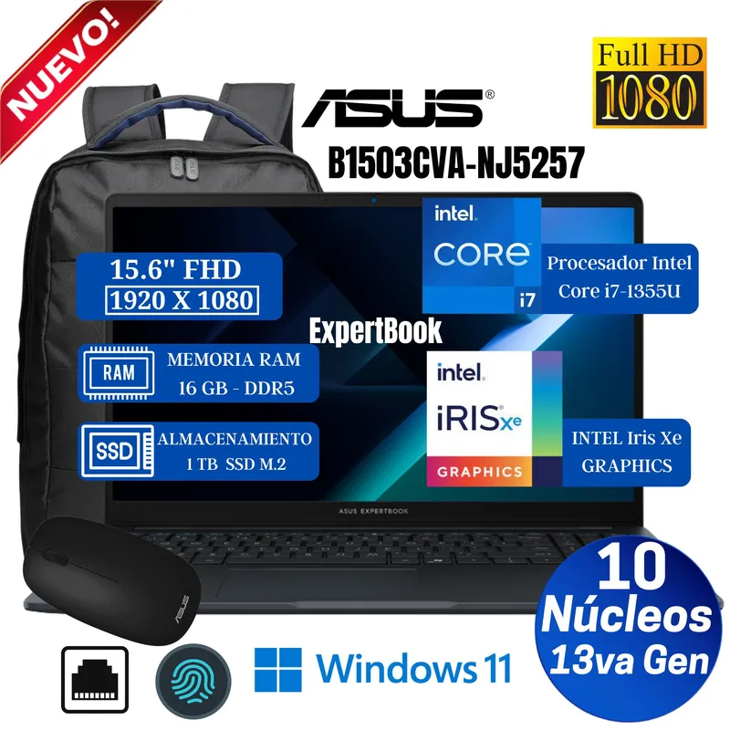 ASUS - Laptops Asus Expertbook B1503CVA-NJ5257 15.6" FHD TN, Core i7-1355U,Ram 16GB, SSD 1 TB, Win 11 Pro