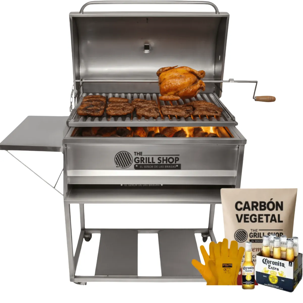 THE GRILL SHOP - Parrilla Grande Con Tapa Americana de Acero Inoxidable+carbón+cerveza+guantes