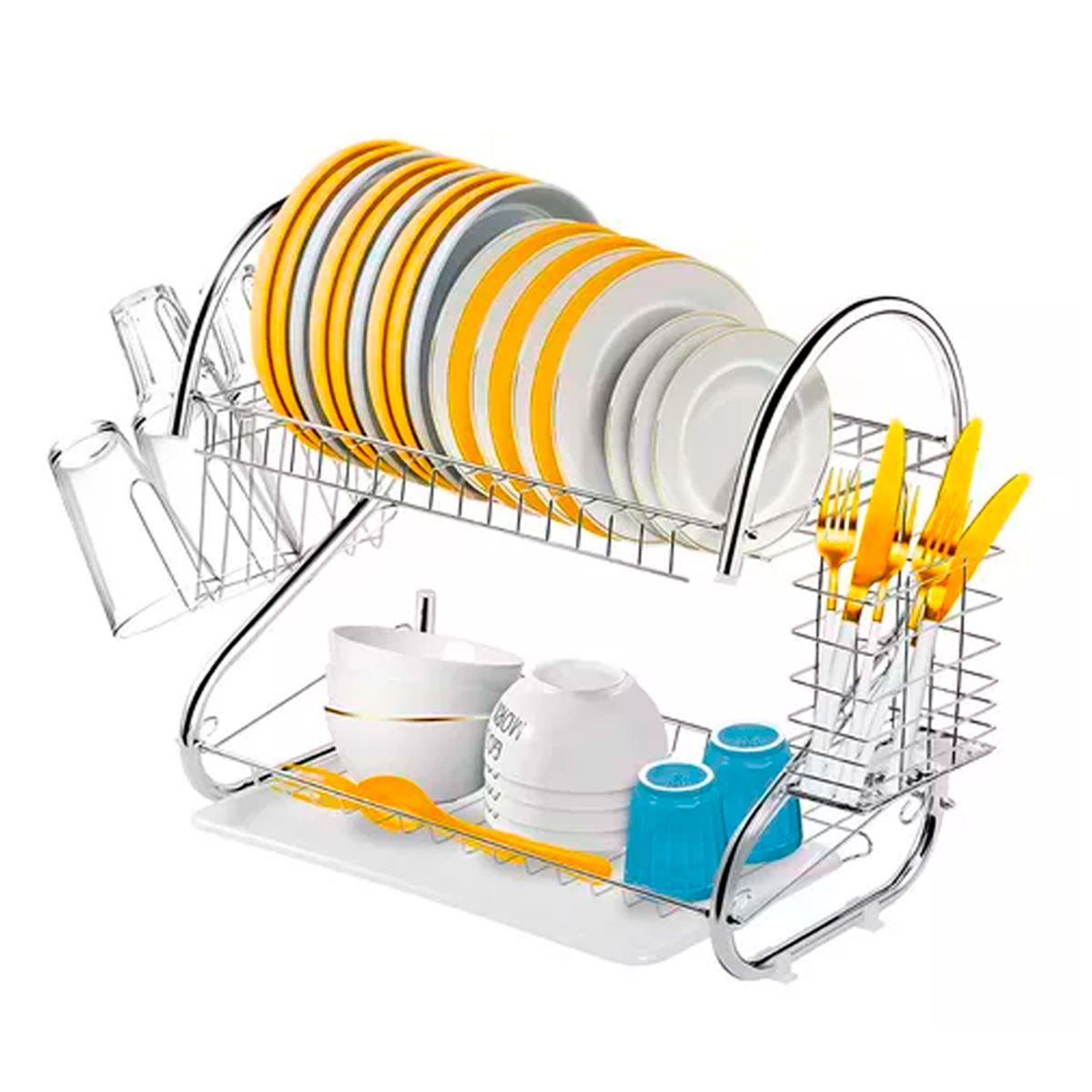 GENERICO - Escurridor de platos secador de 2 niveles Porta Vasos Cromado