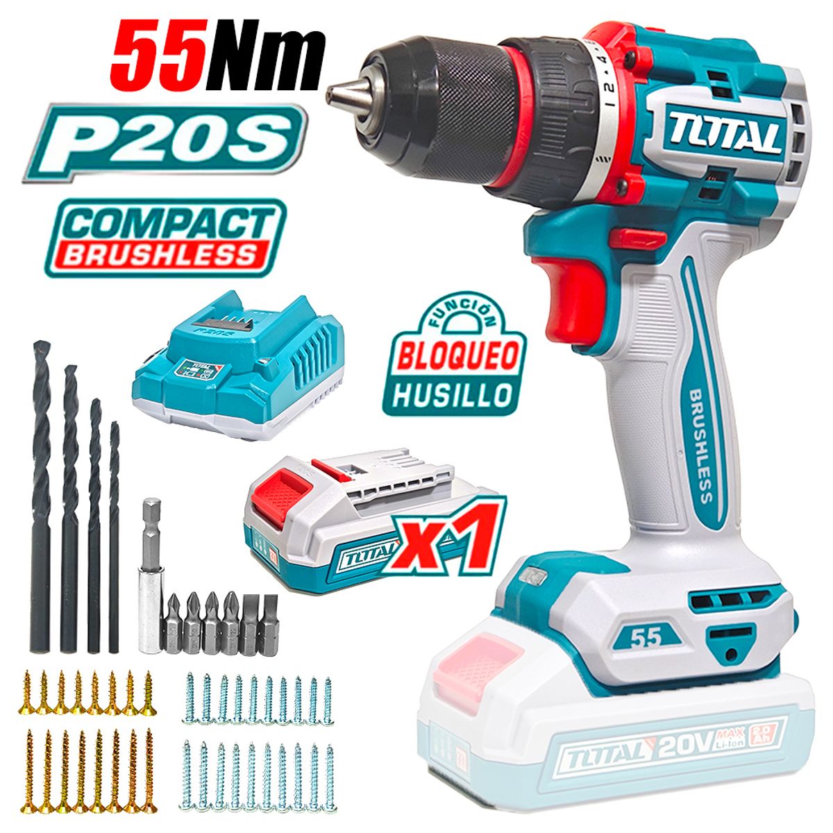 TOTAL TOOLS - Taladro Atornillador Industrial ½ Total TDLI205582 20V 55Nm 1Bat x 2Ah Brushless + Accesorios