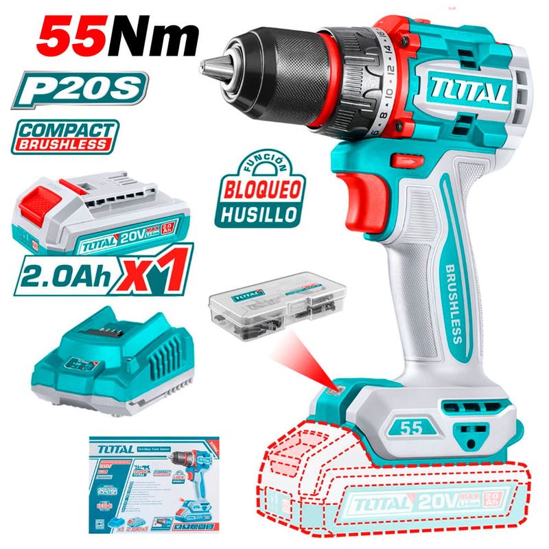 TOTAL TOOLS - Taladro Atornillador Industrial 12 TDLI205582 20V 55Nm Brushless
