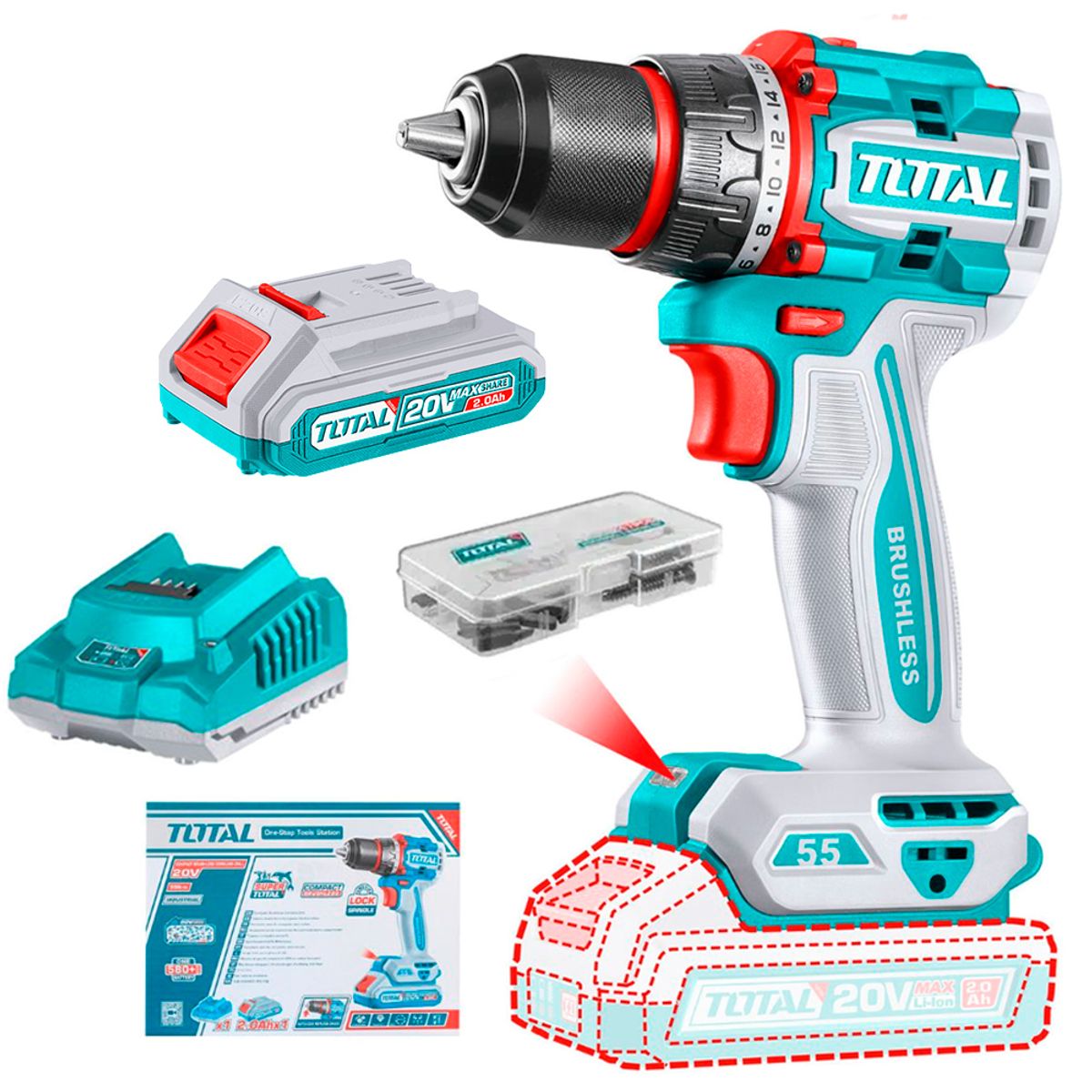 TOTAL TOOLS - Taladro Atornillador Industrial ½ Total TDLI205582 20V 55Nm 1Bat x 2Ah Brushless + Accesorios